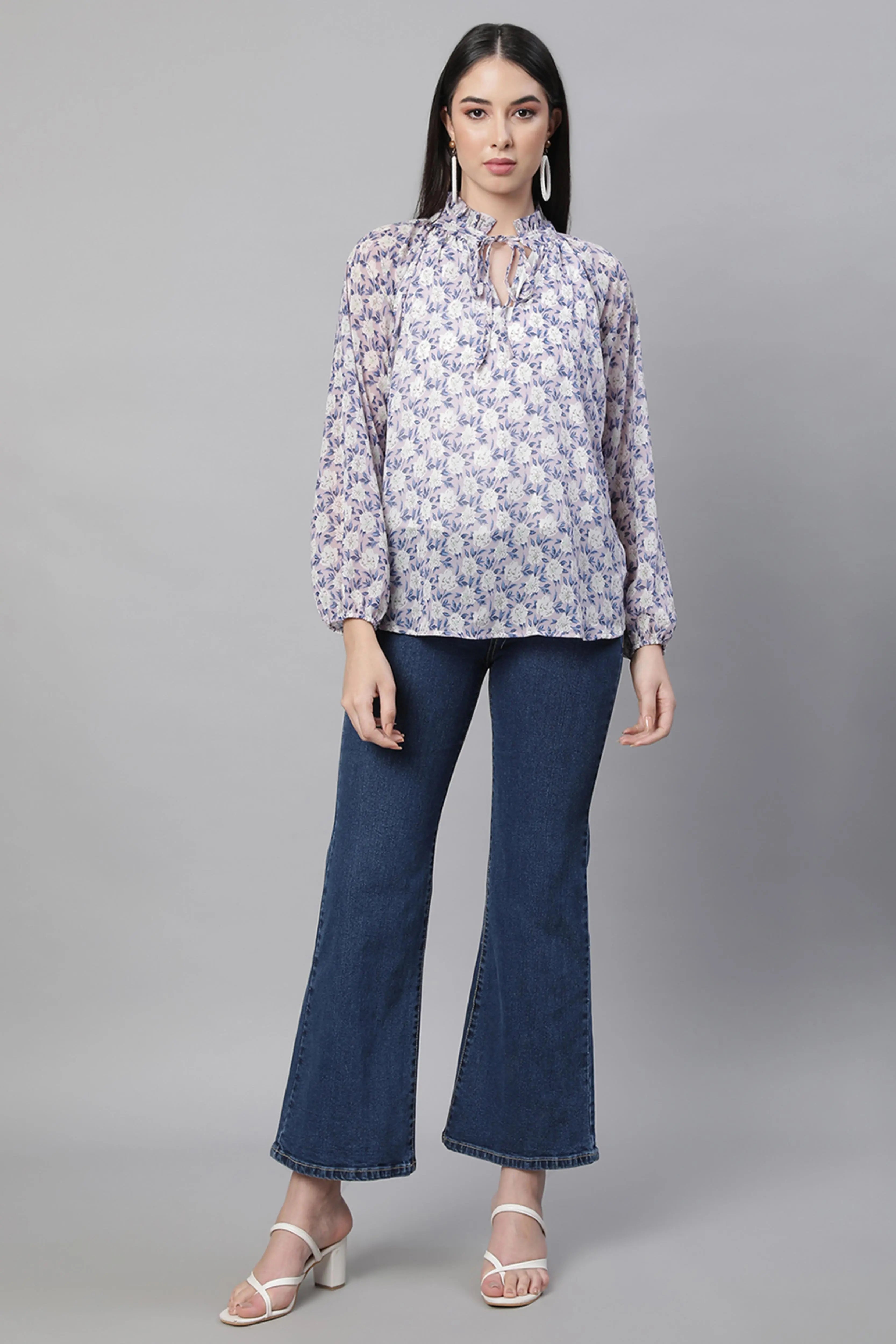 women mauve collar neck printed blouse