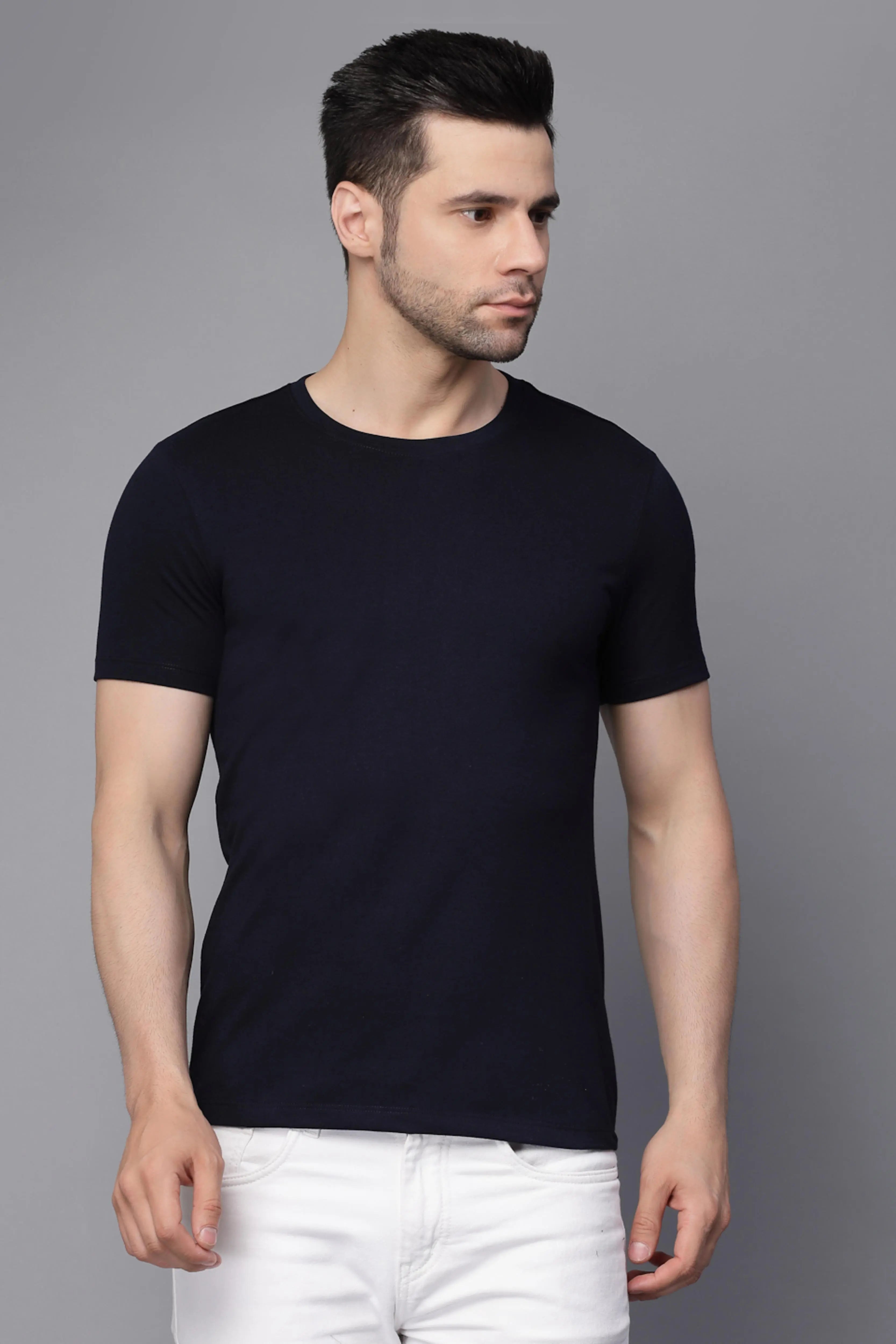 Navy Blue Solid Round Neck T-Shirt - Global Republic