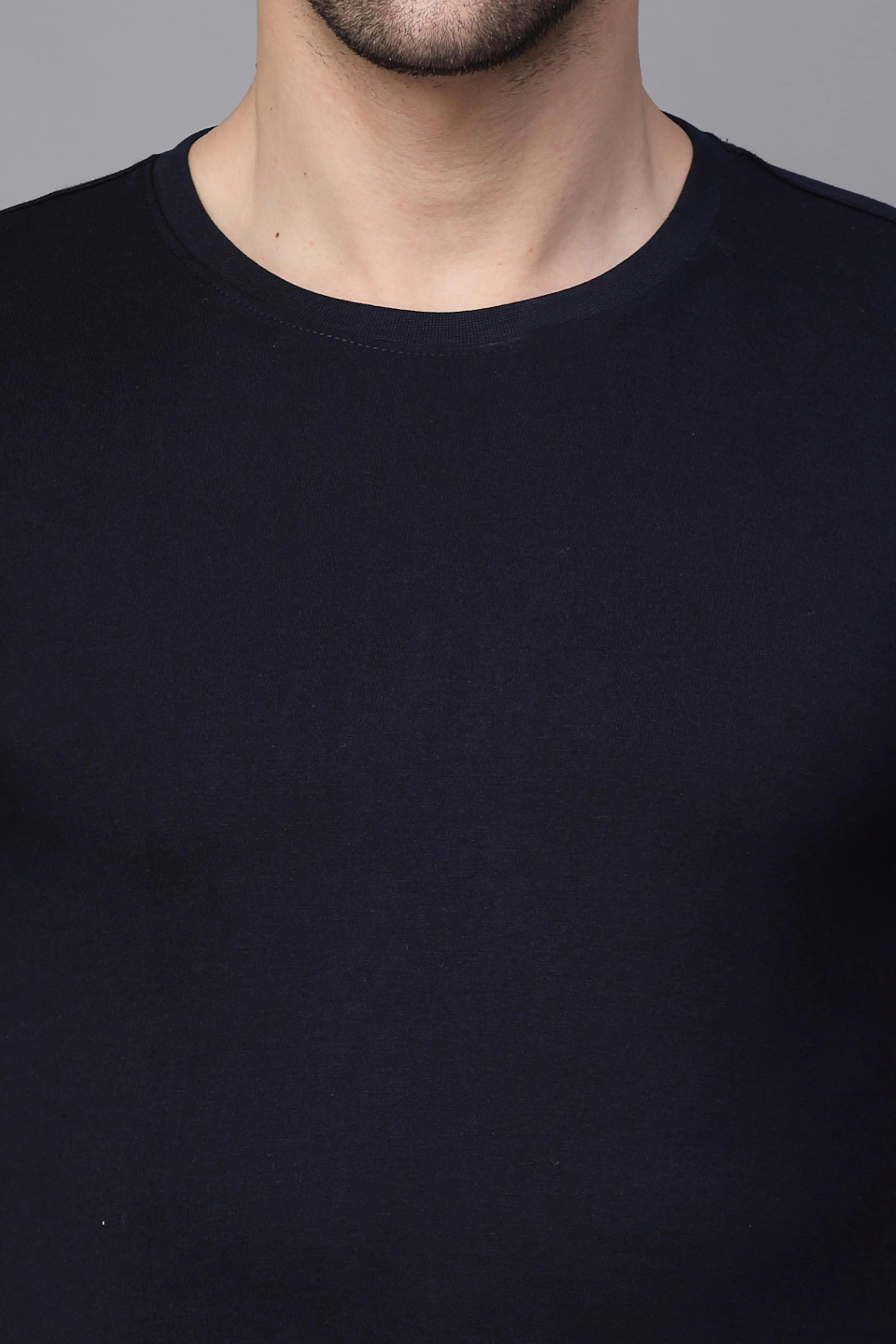 Navy Blue Solid Round Neck T-Shirt - Global Republic