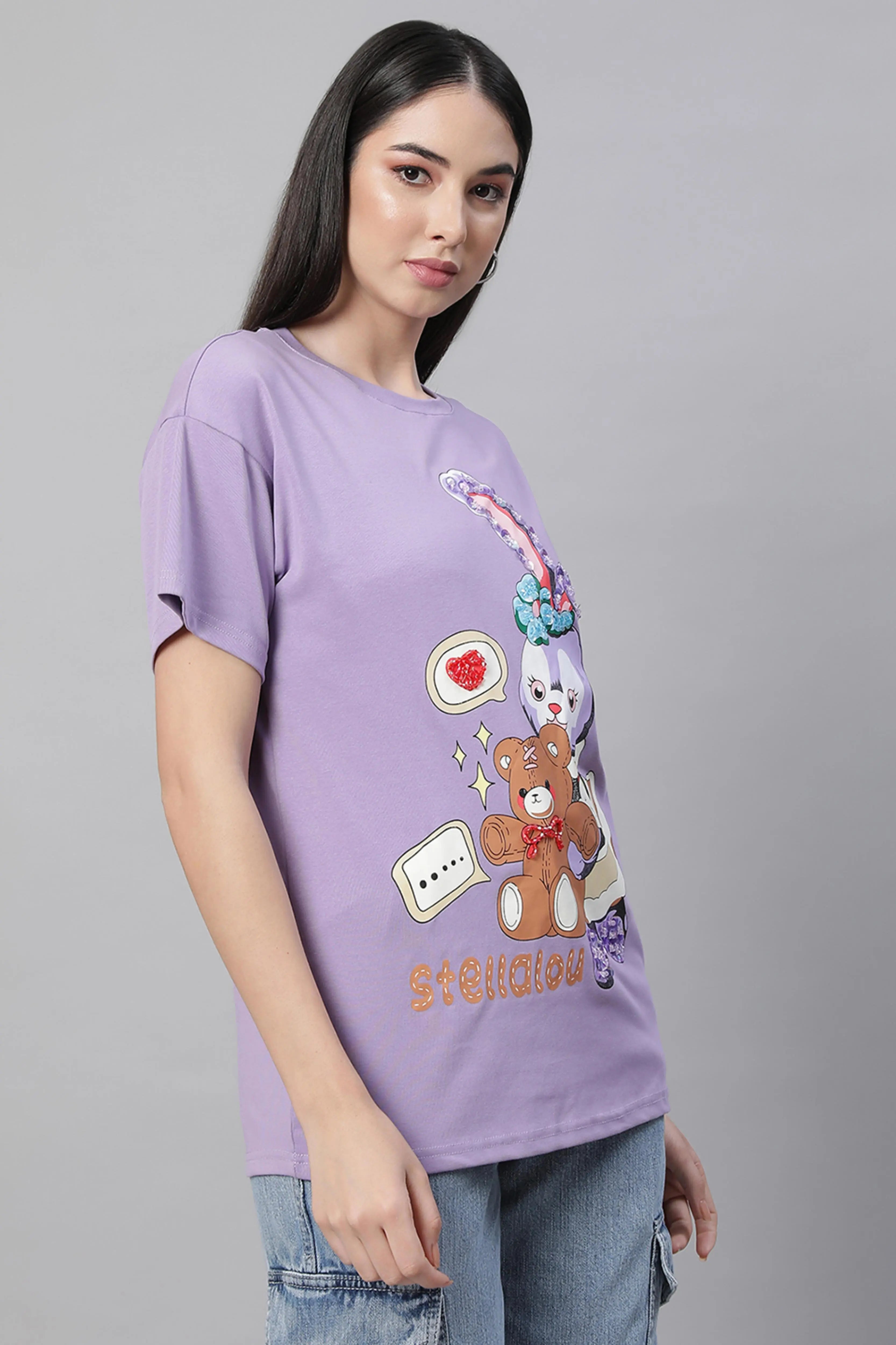 women lavender round neck printed top