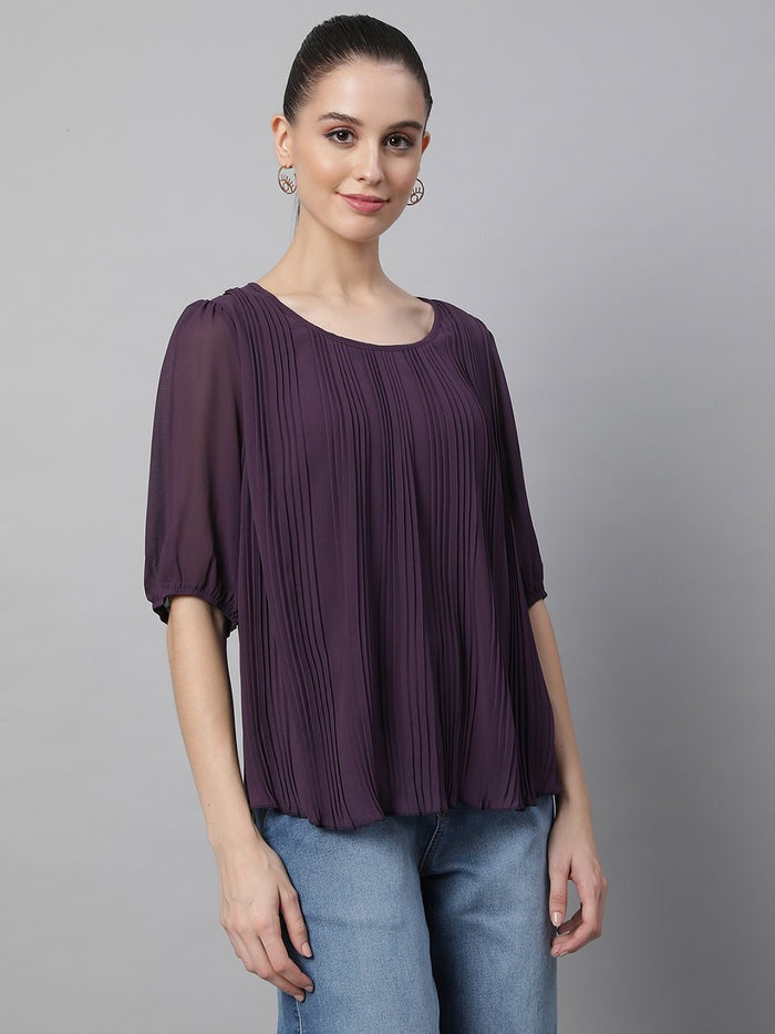Oval Neck Flared Fit Blouson Top - Global Republic