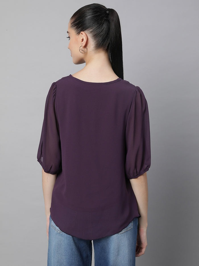 Oval Neck Flared Fit Blouson Top - Global Republic