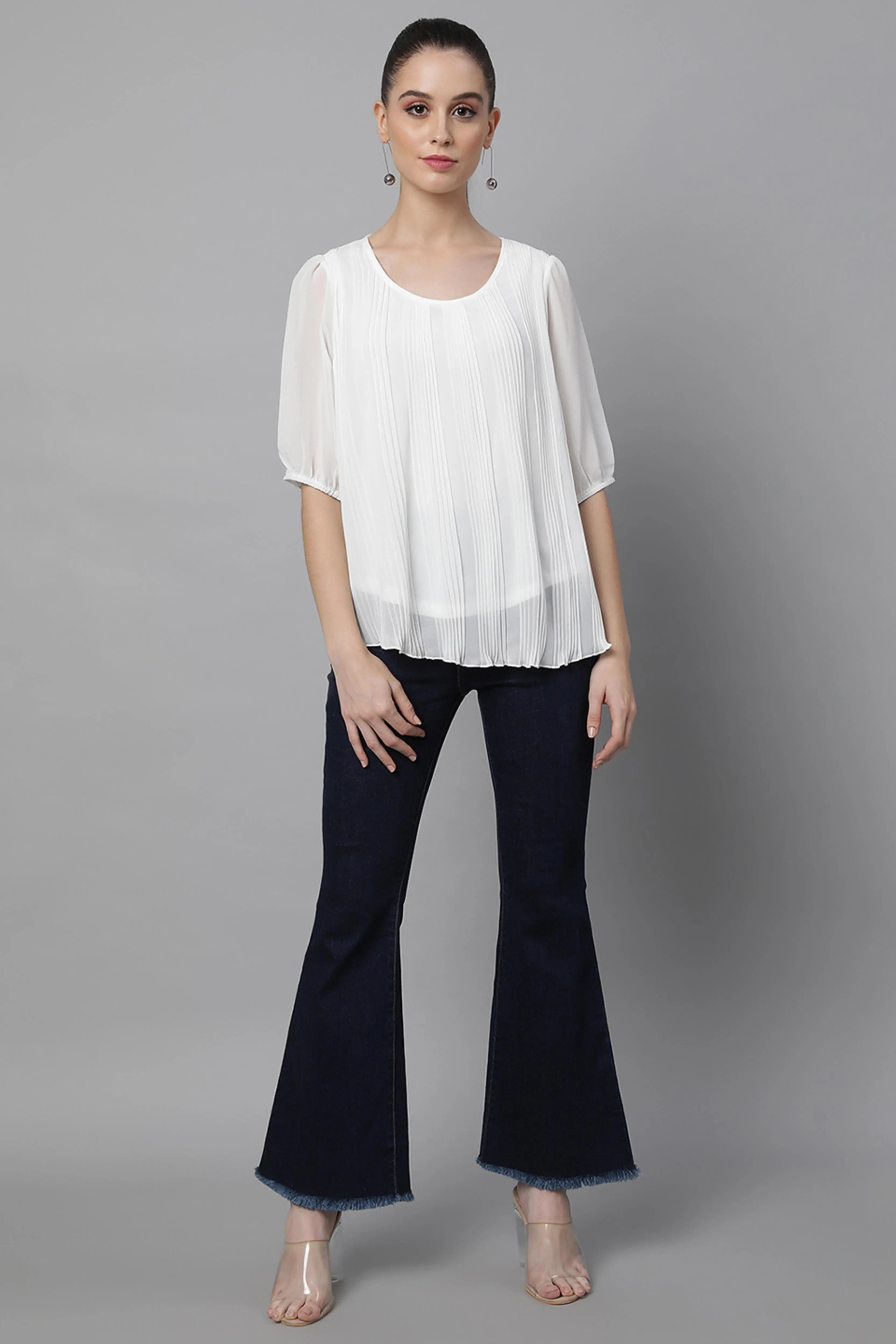 Oval Neck Flared Fit Blouson Top