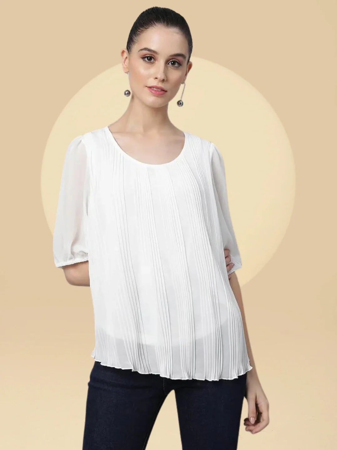 Oval Neck Flared Fit Blouson Top - Global Republic