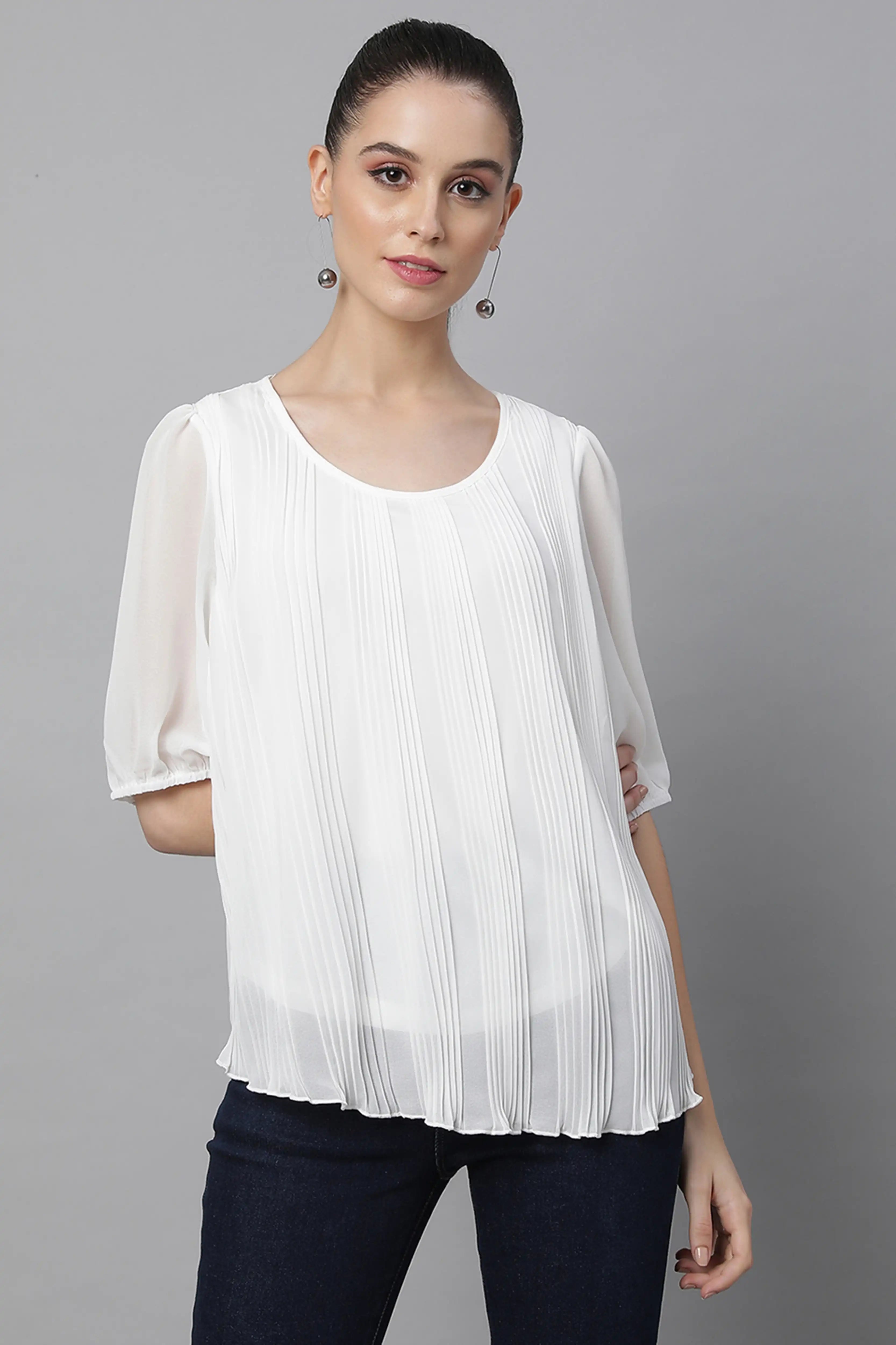 Oval Neck Flared Fit Blouson Top