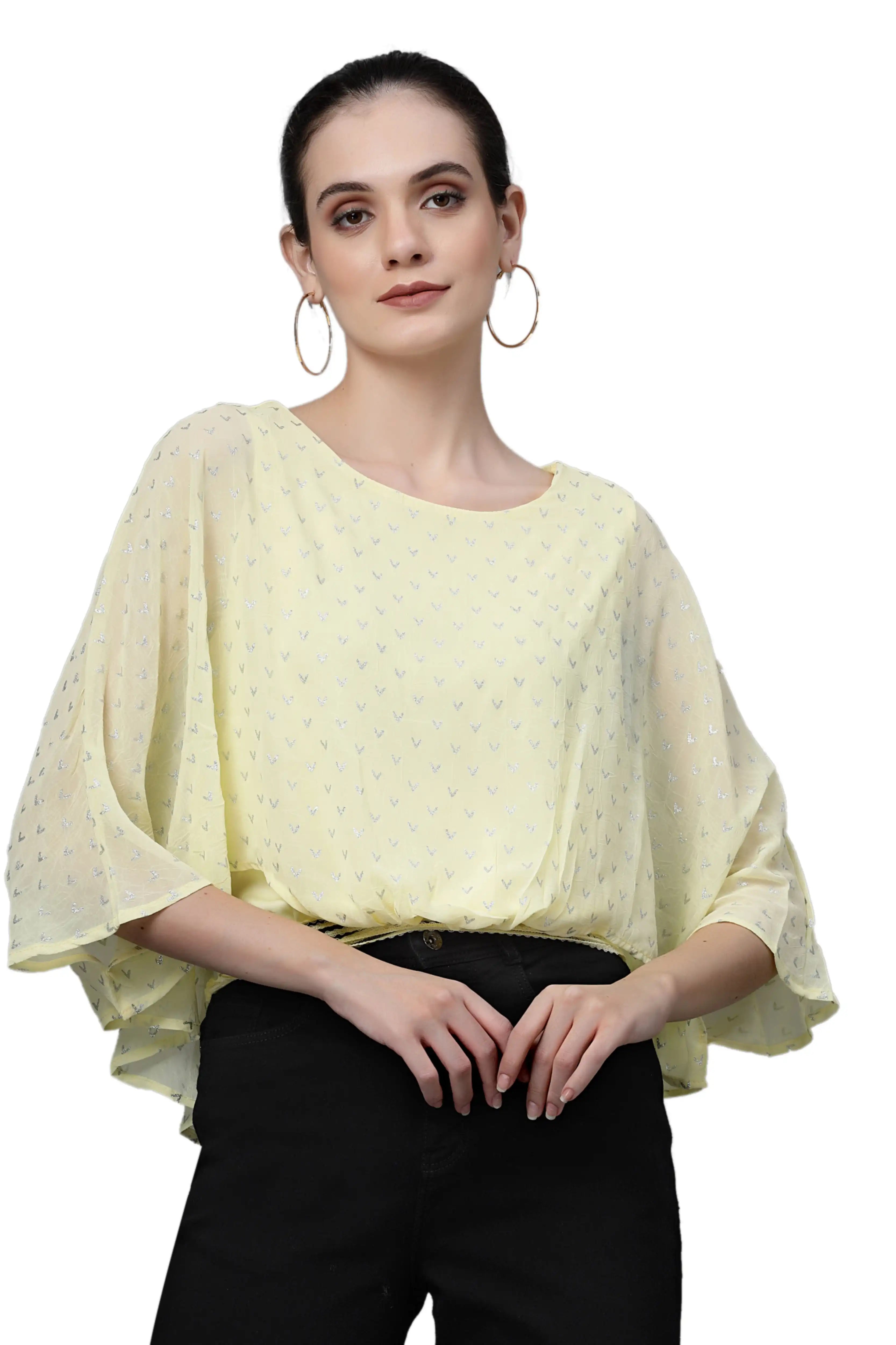Yellow Flared Sleeves Printed Crop Top