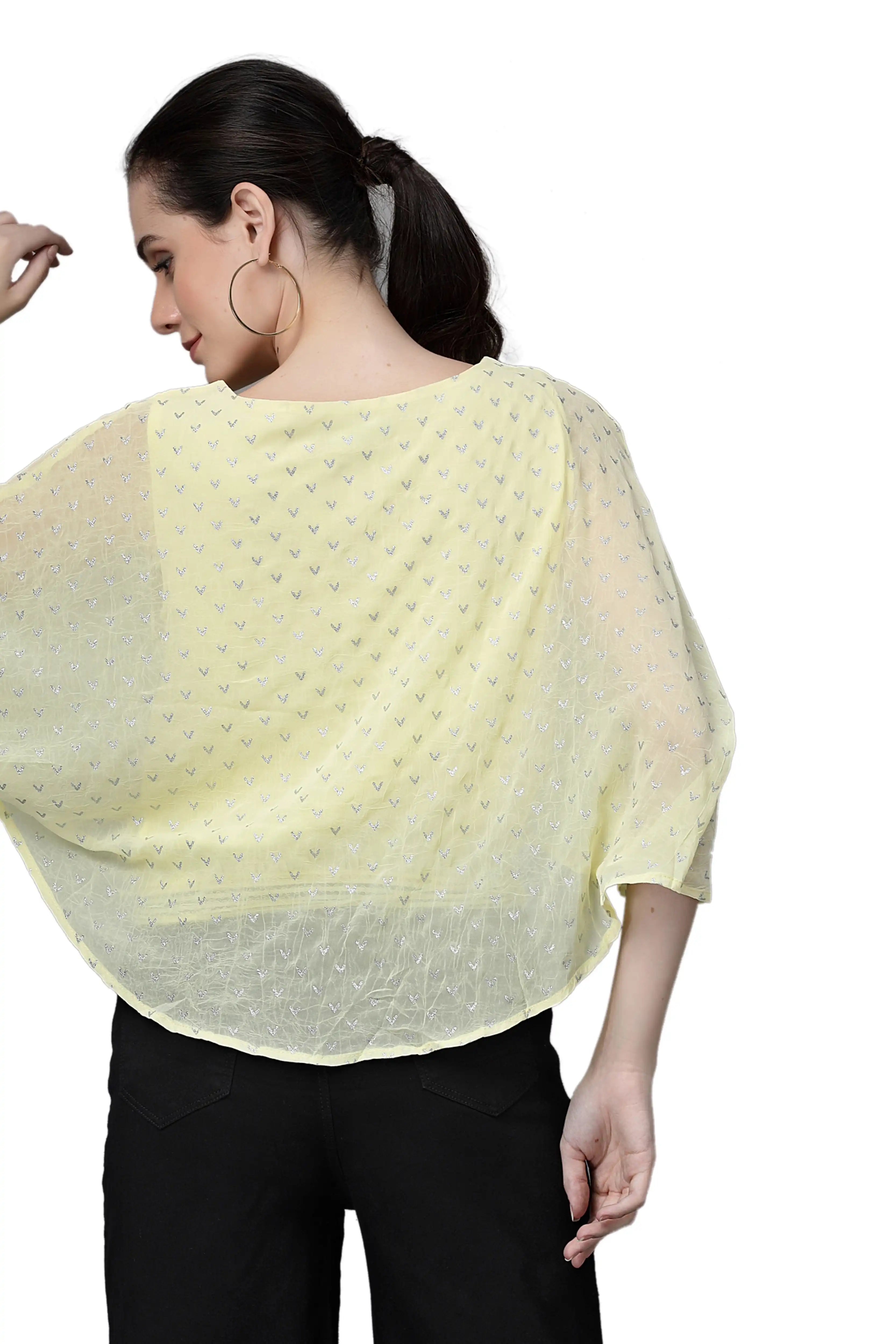 Yellow Flared Sleeves Printed Crop Top