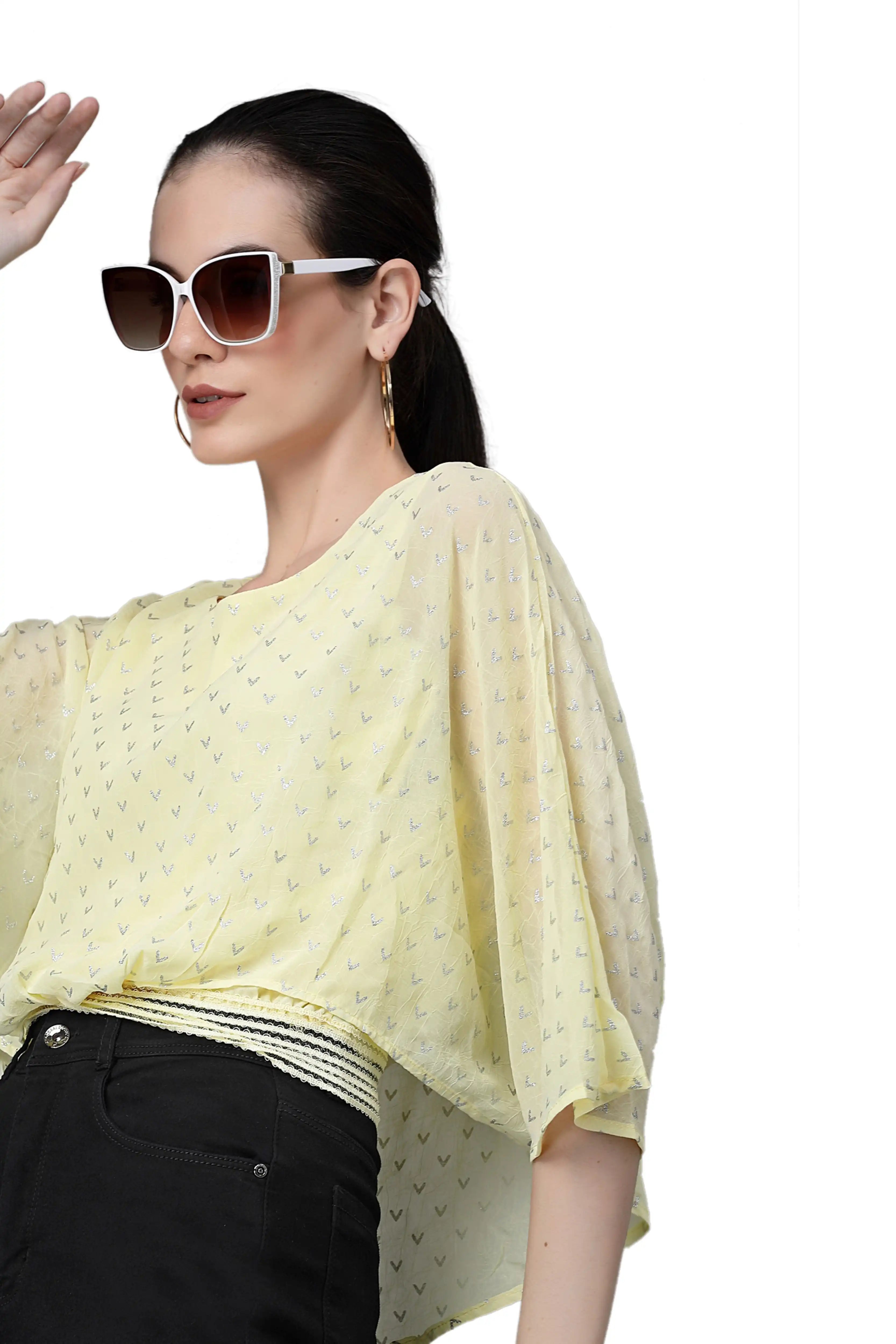 Yellow Flared Sleeves Printed Crop Top