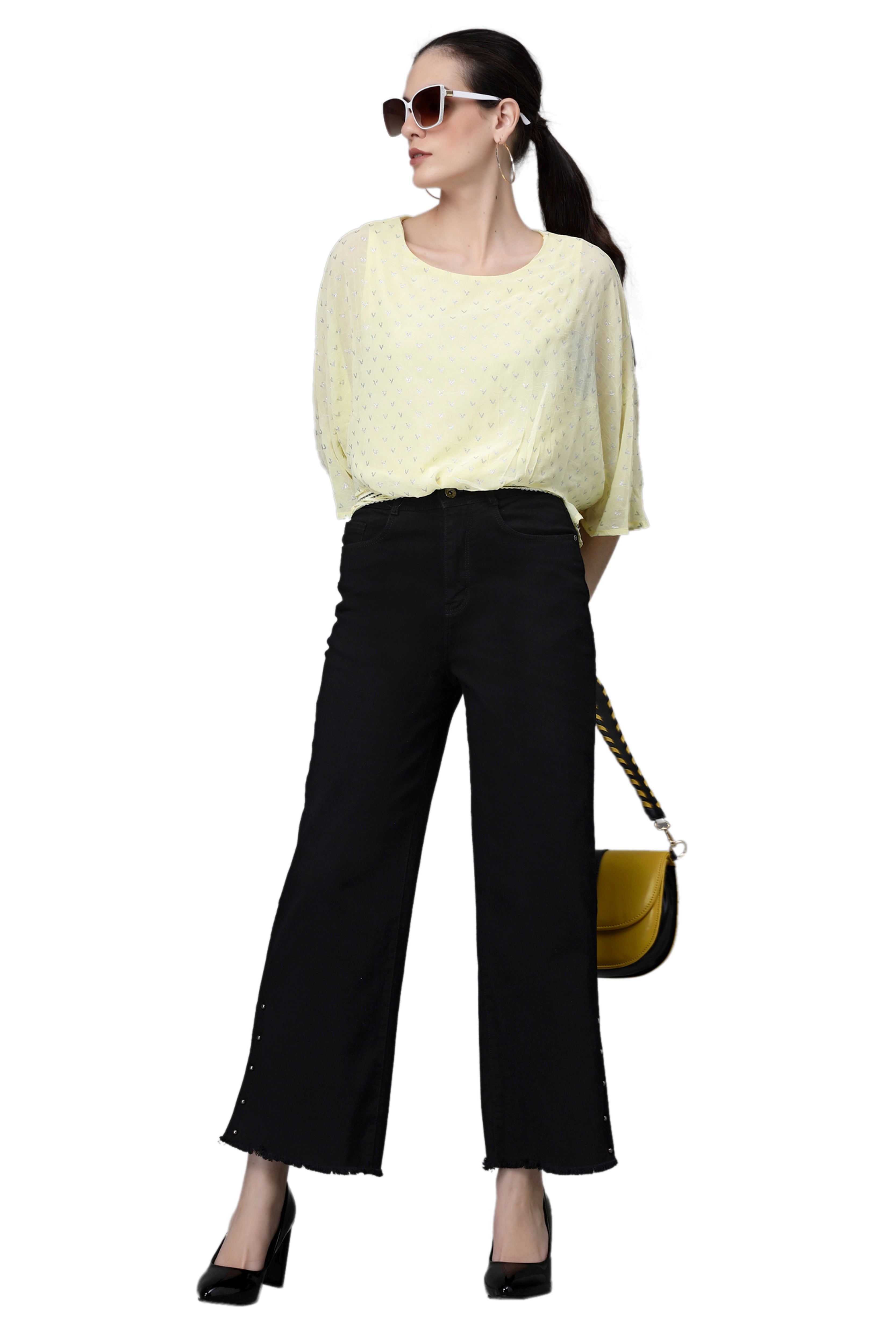 Yellow Flared Sleeves Printed Crop Top