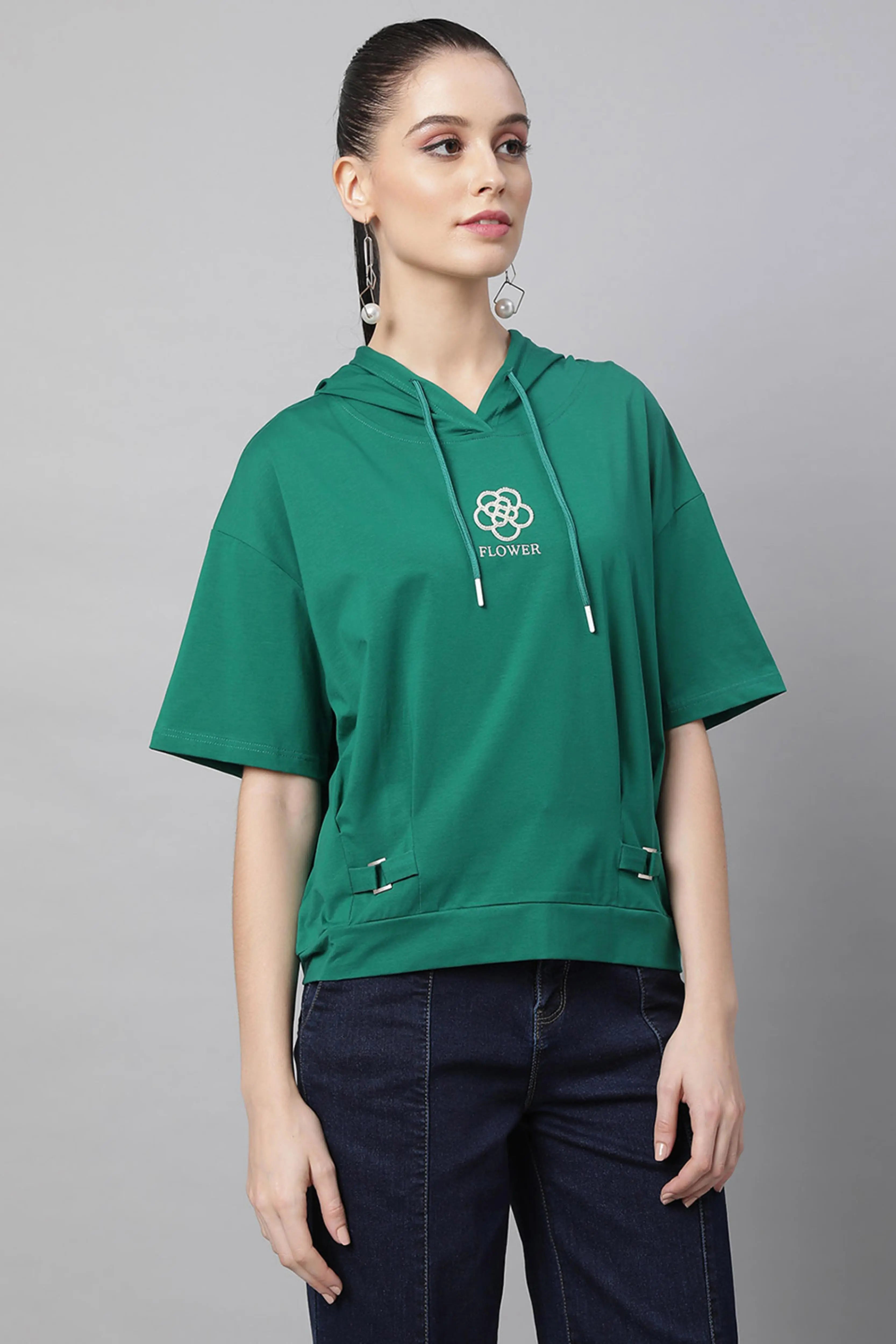 Green Loose Fit Hooded Top