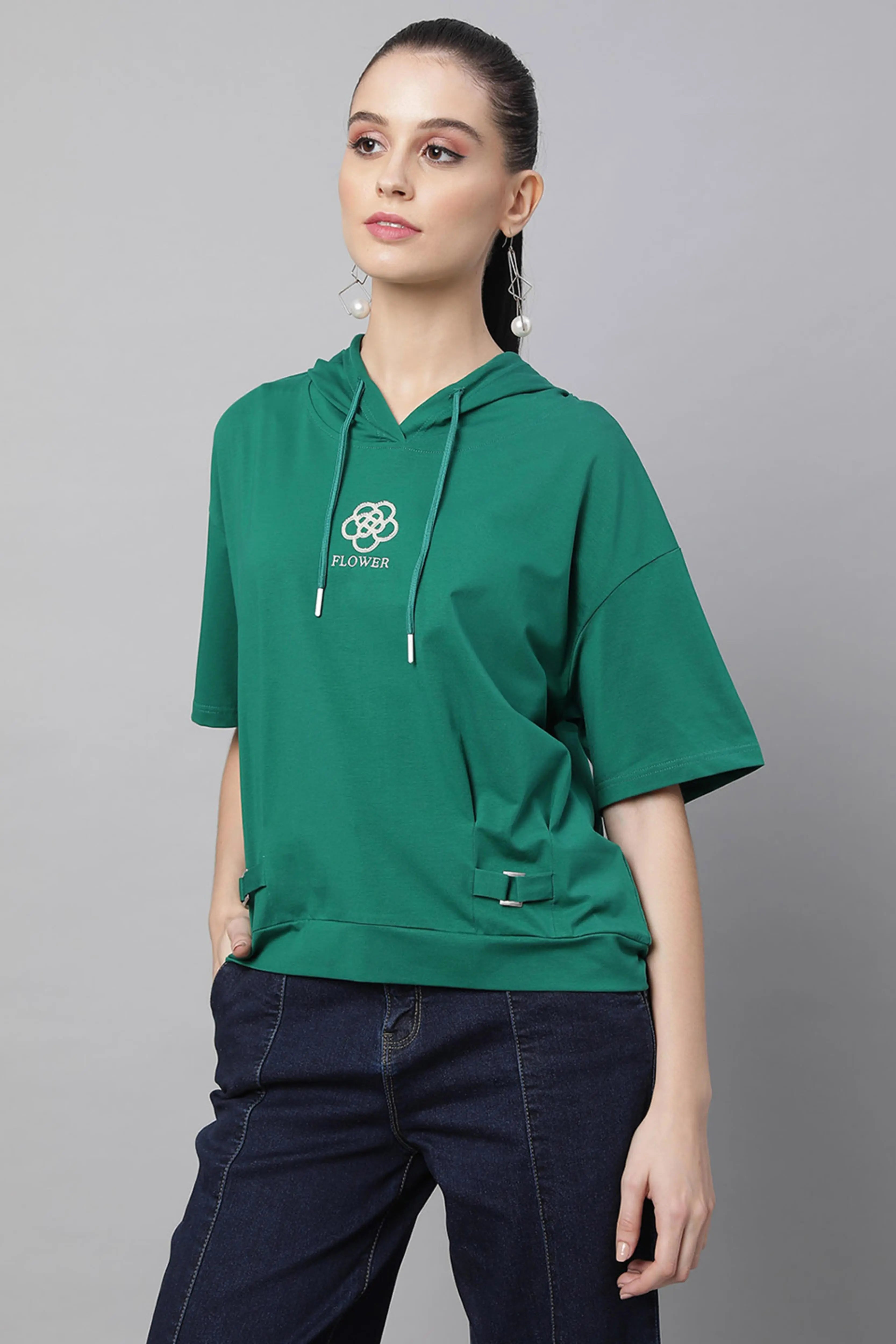 Green Loose Fit Hooded Top