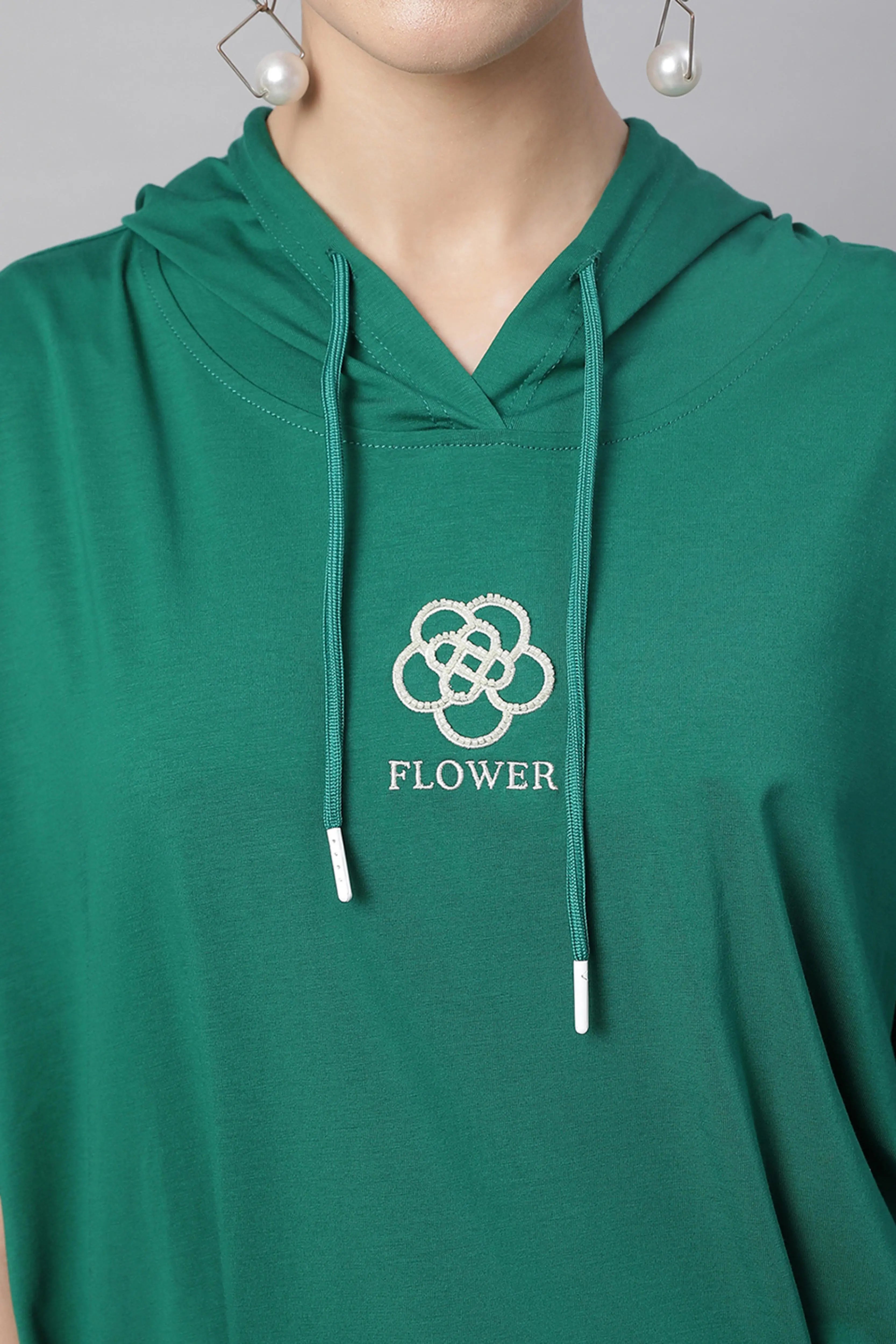 Green Loose Fit Hooded Top