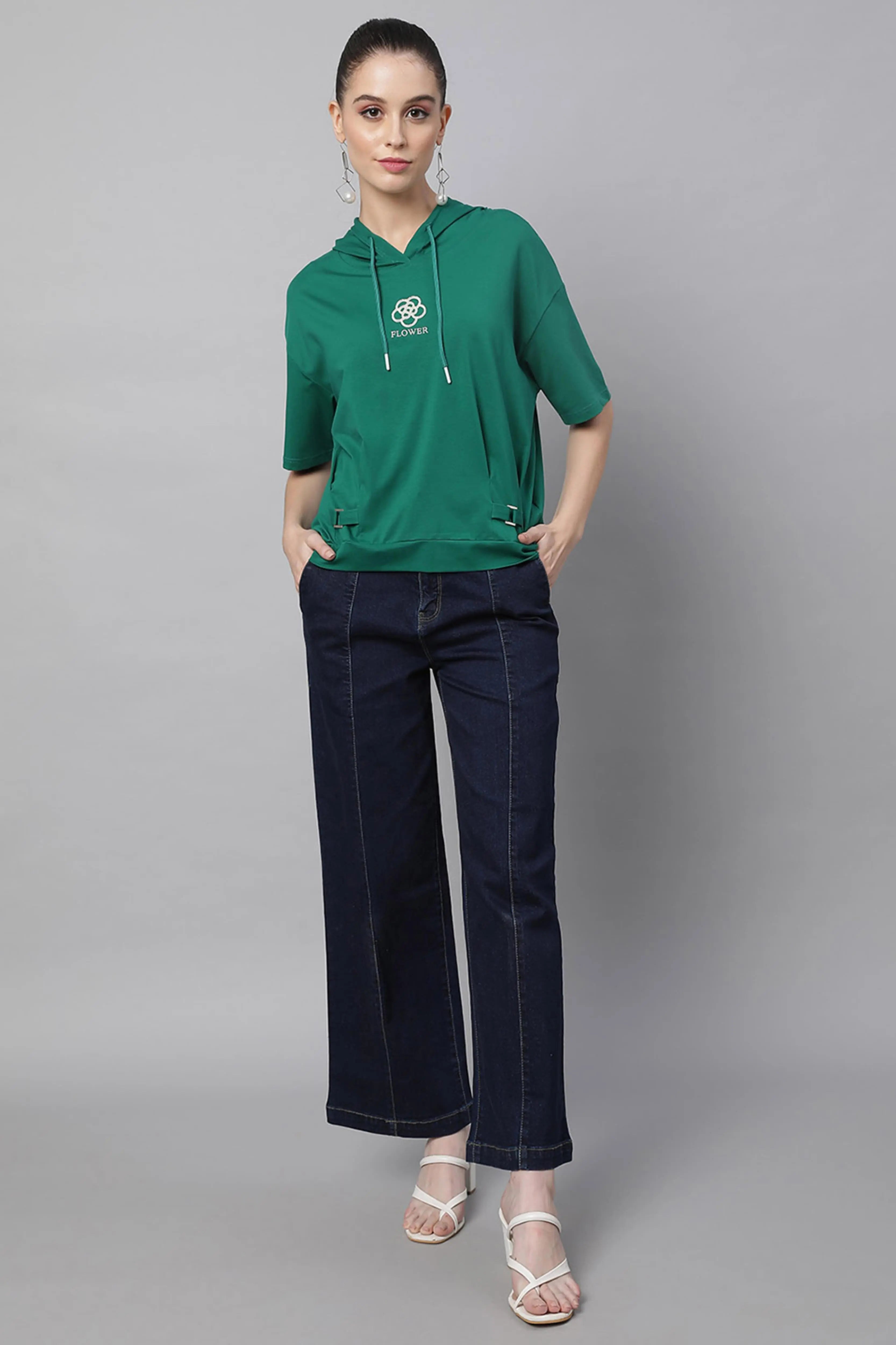 Green Loose Fit Hooded Top