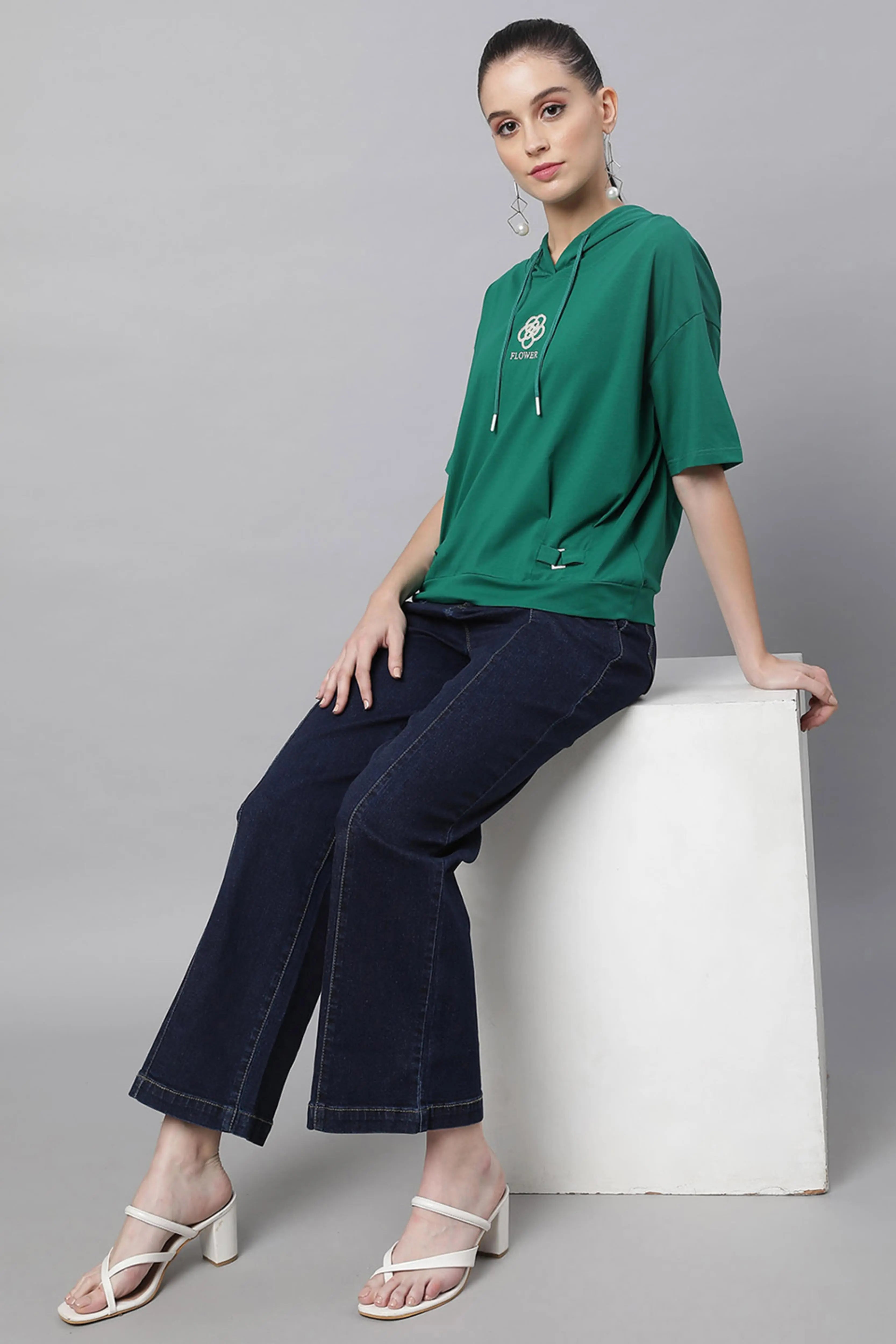 Green Loose Fit Hooded Top