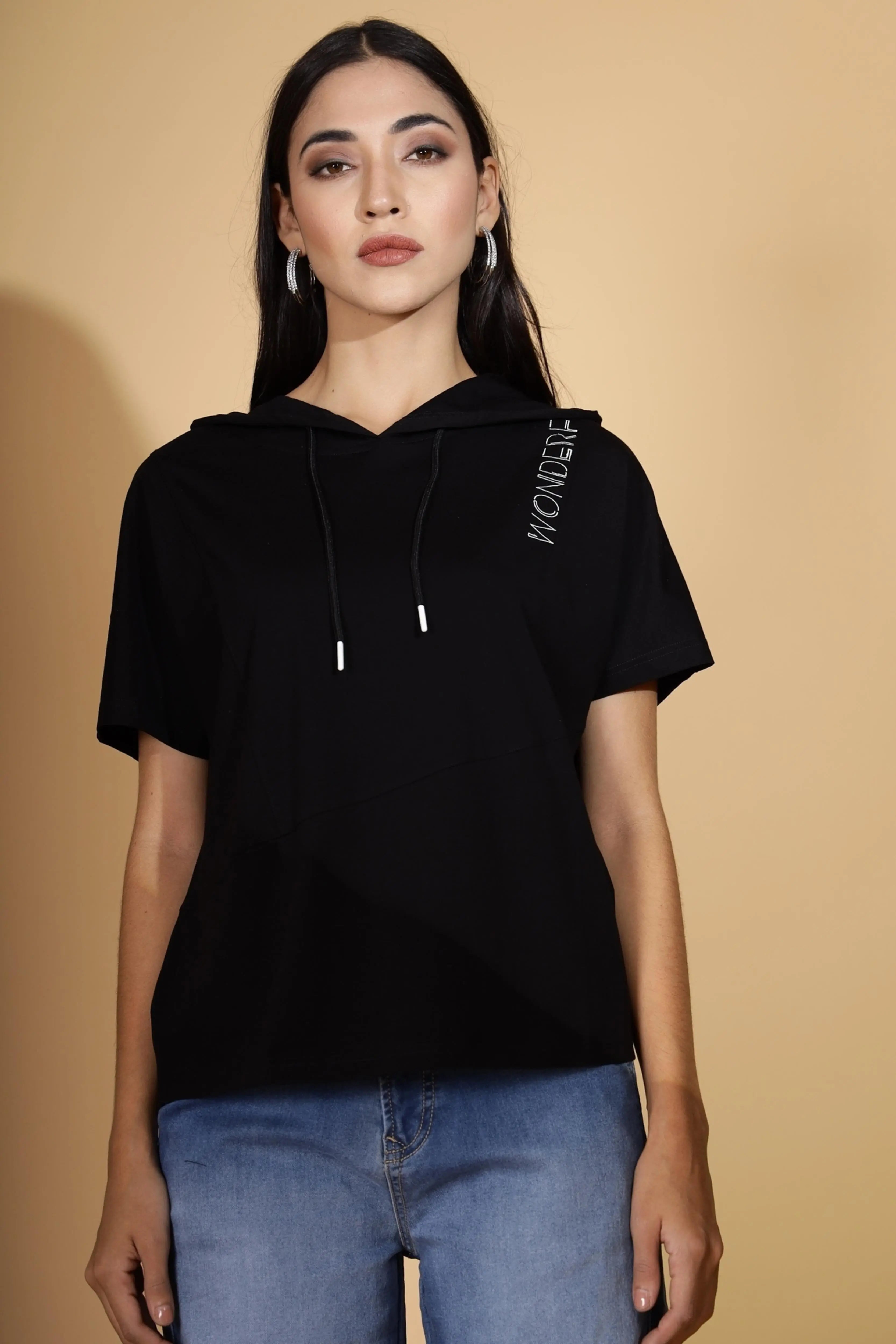 Women Regular Fit Black Hooded Top - Global Republic