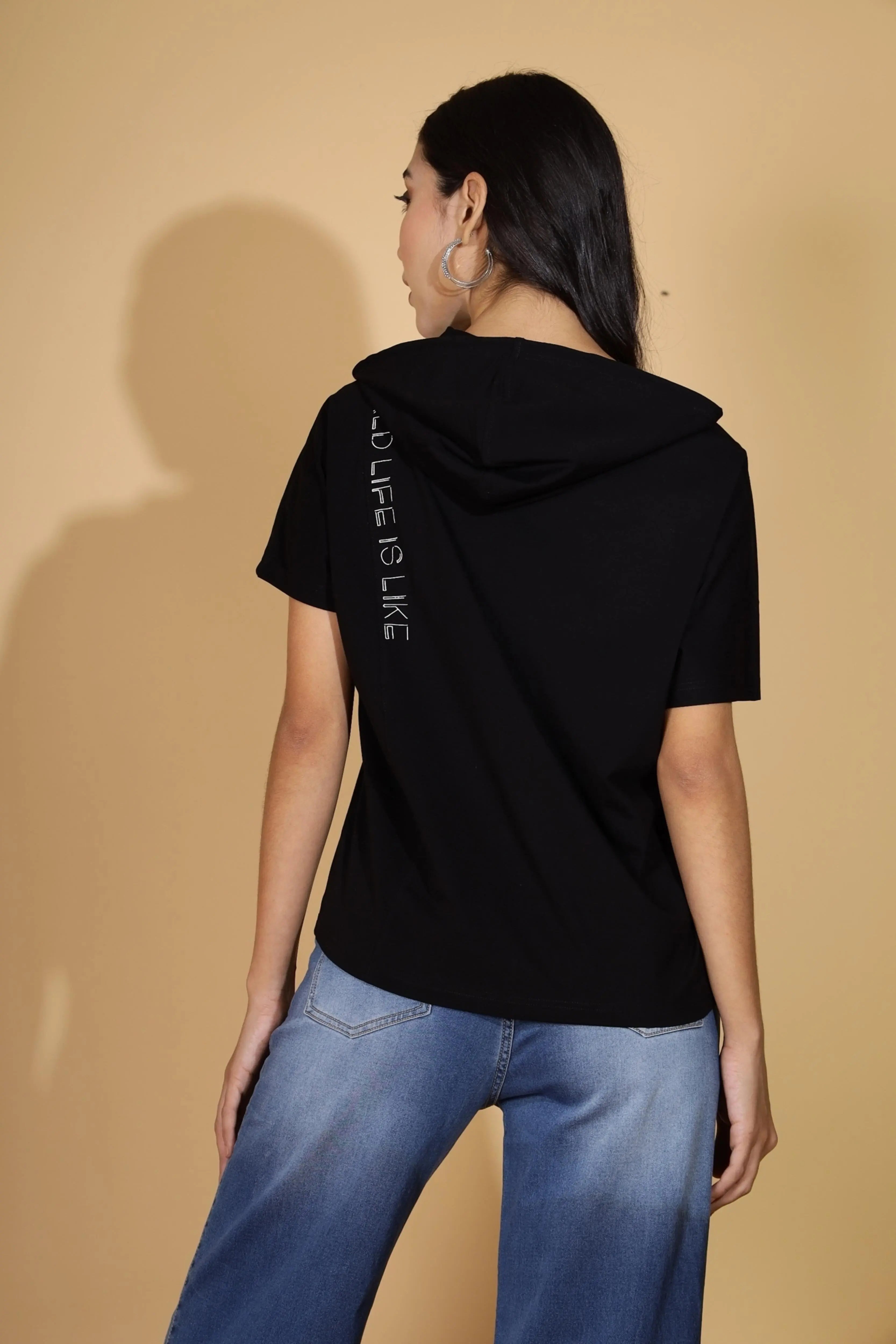 Women Regular Fit Black Hooded Top - Global Republic
