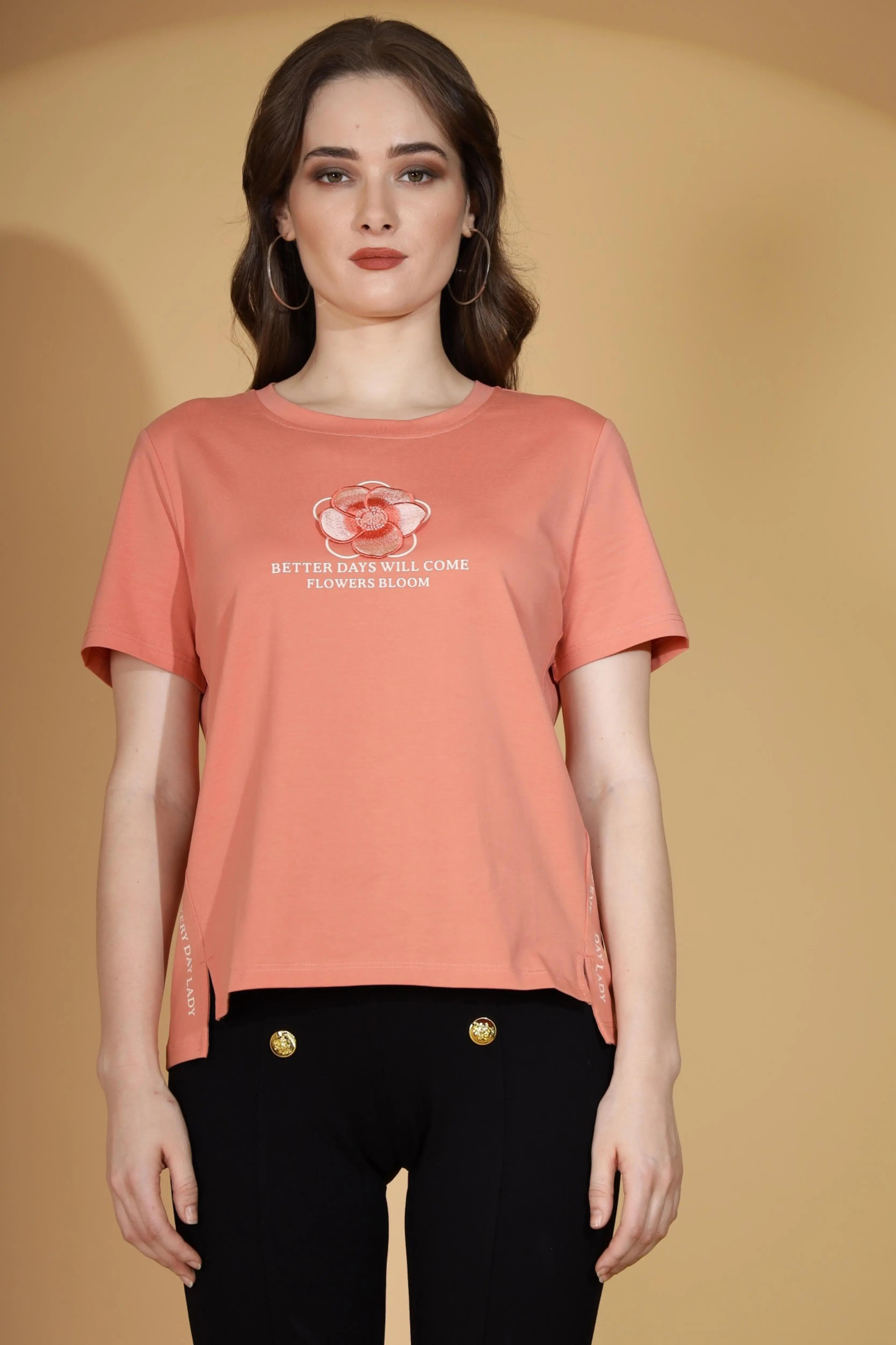 Peach 3D Floral Cotton Top - Global Republic