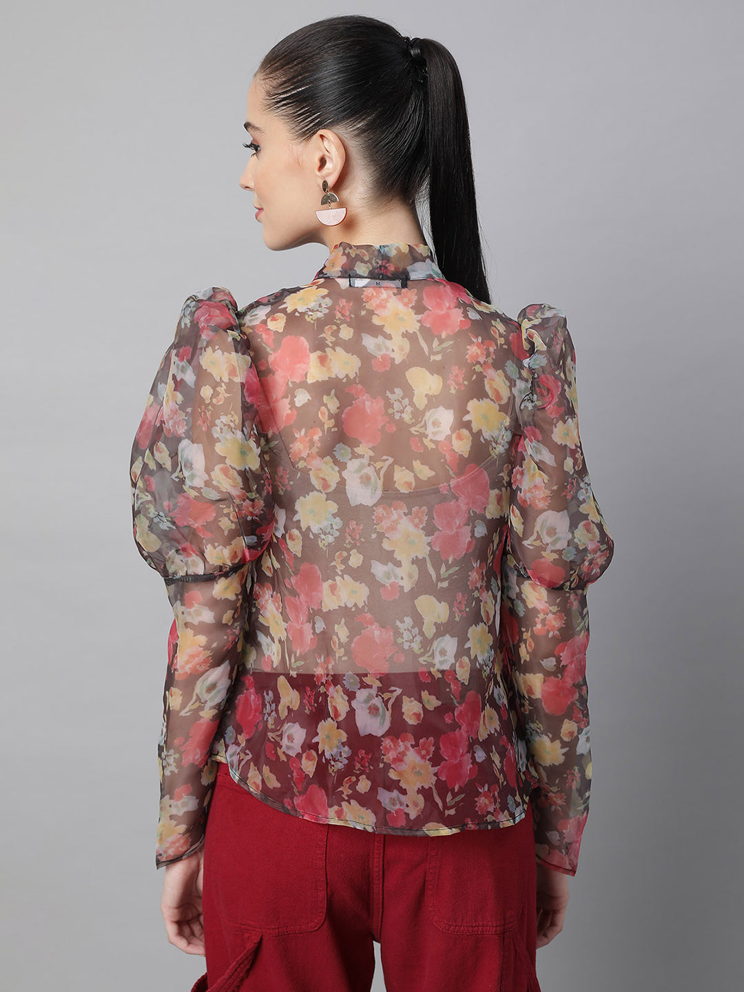 Brown Floral Puffed Sleeves Top - Global Republic