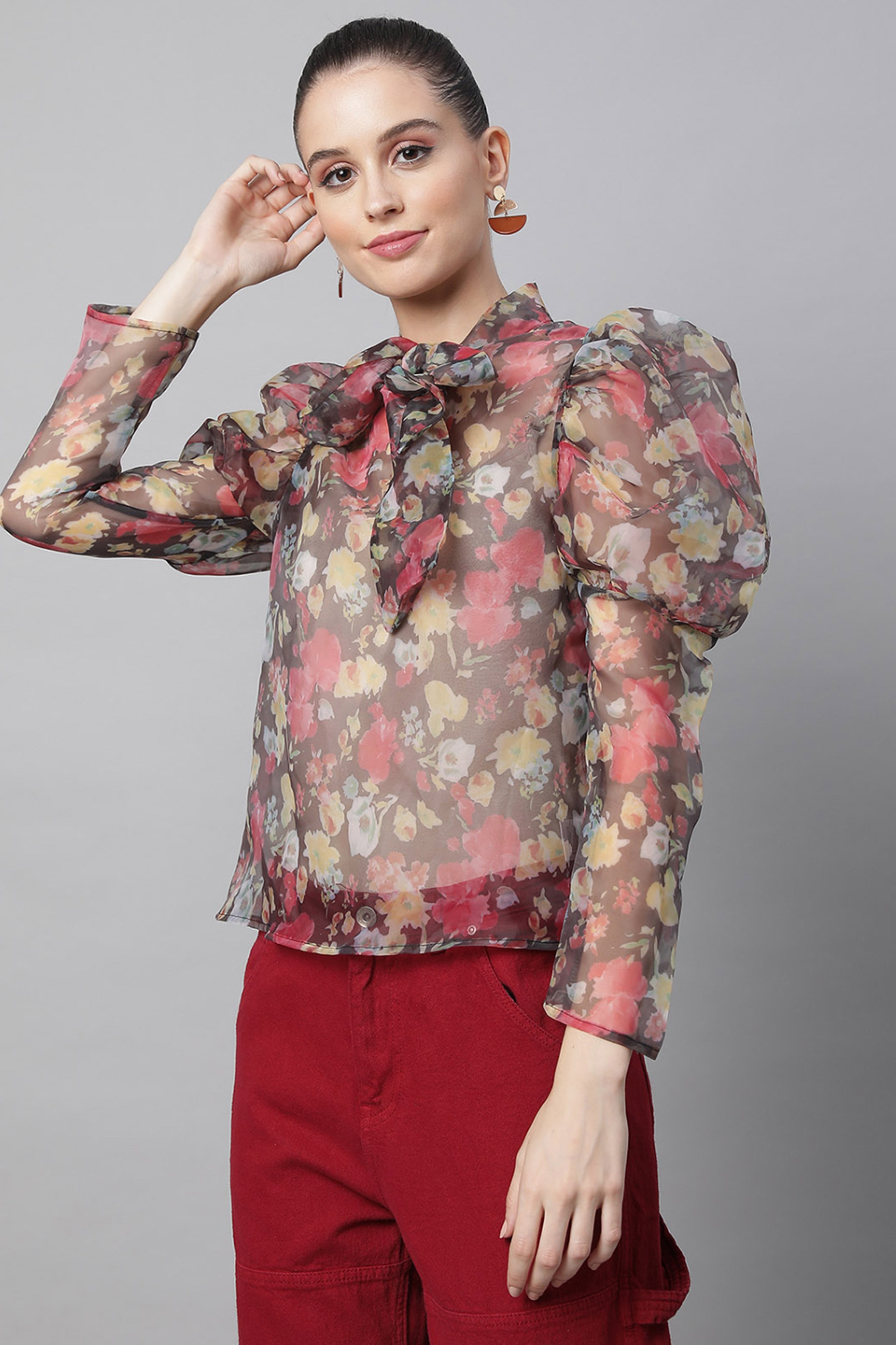 Brown Floral Puffed Sleeves Top