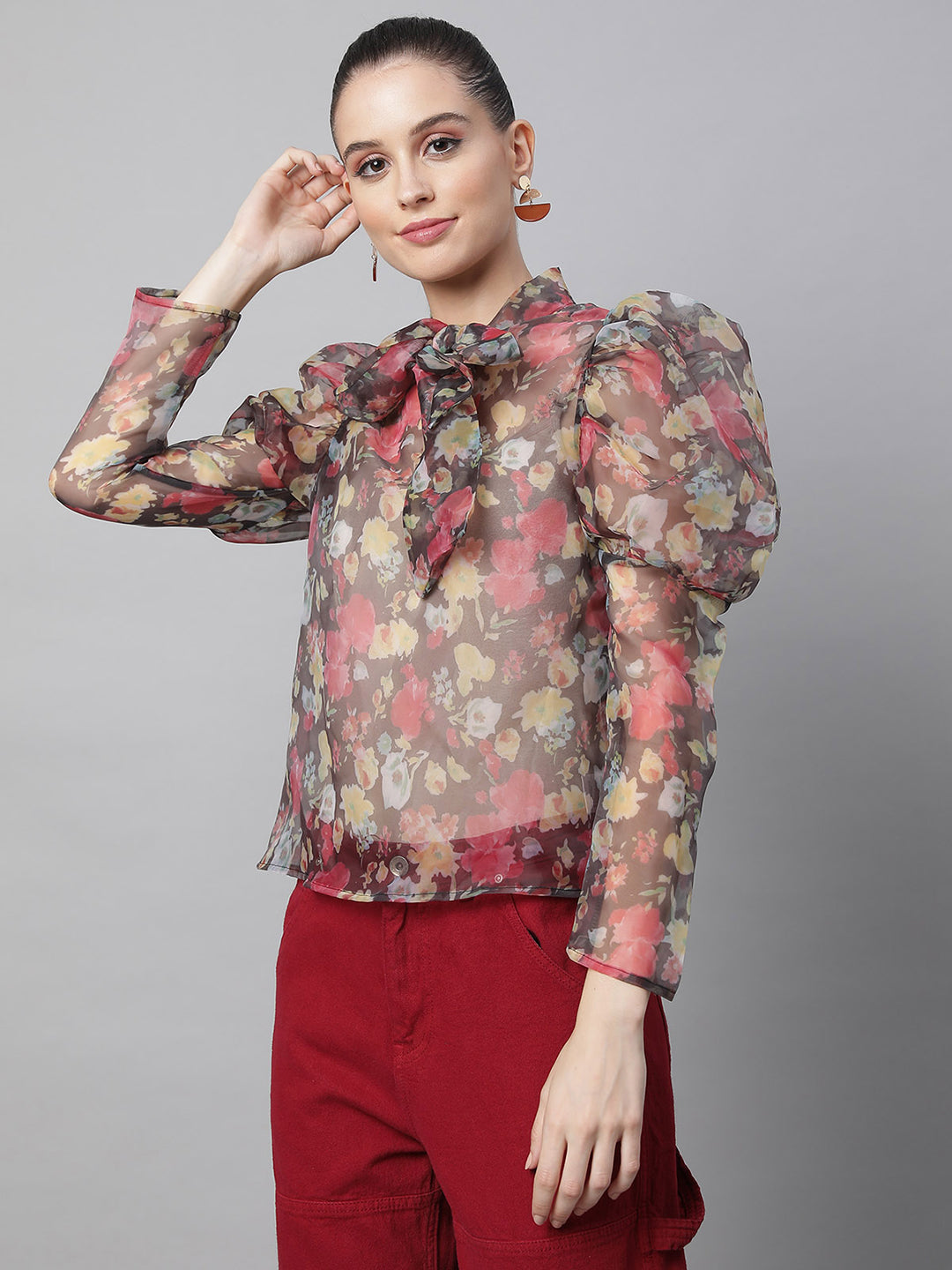 Brown Floral Puffed Sleeves Top - Global Republic