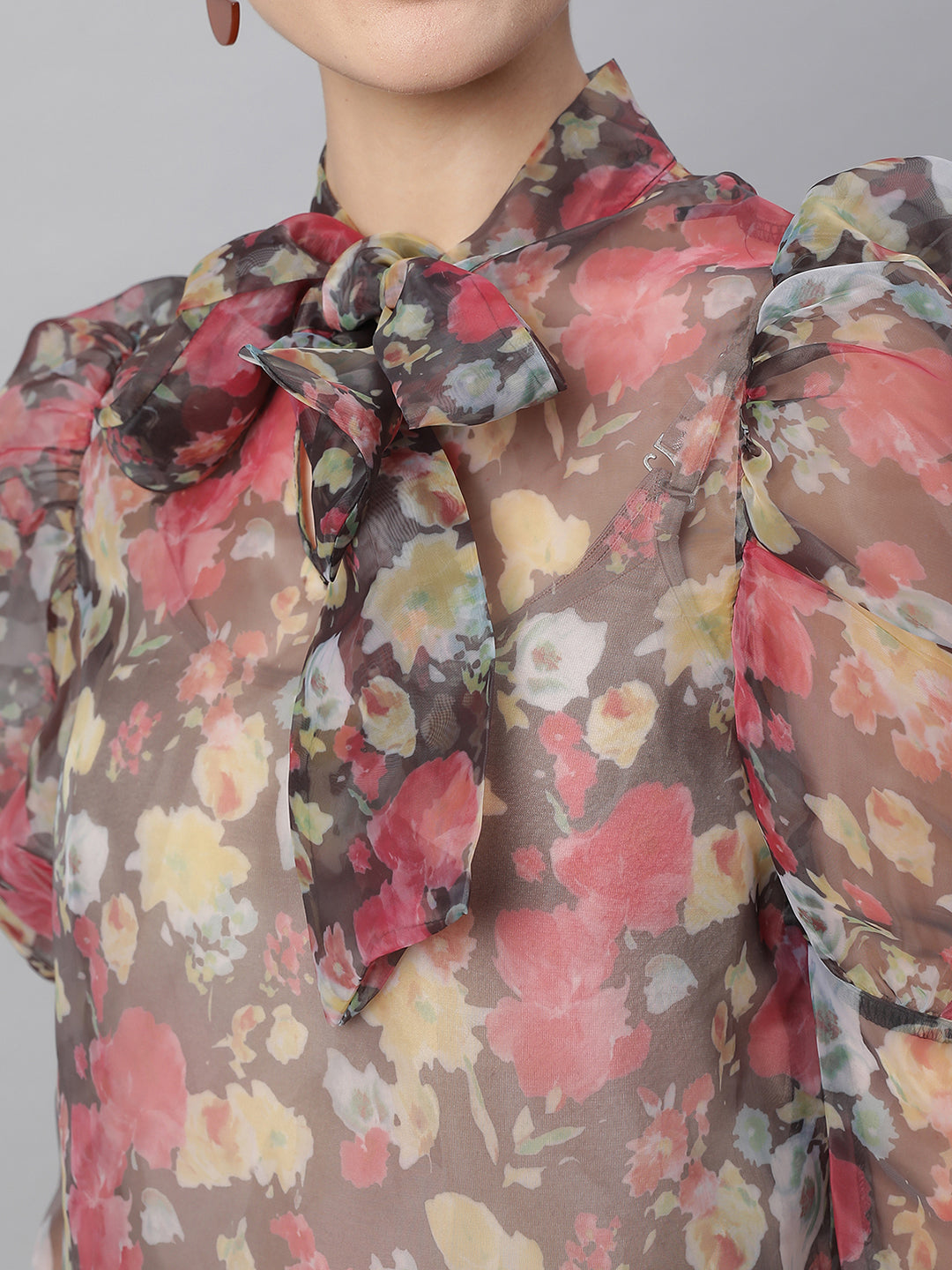 Brown Floral Puffed Sleeves Top - Global Republic