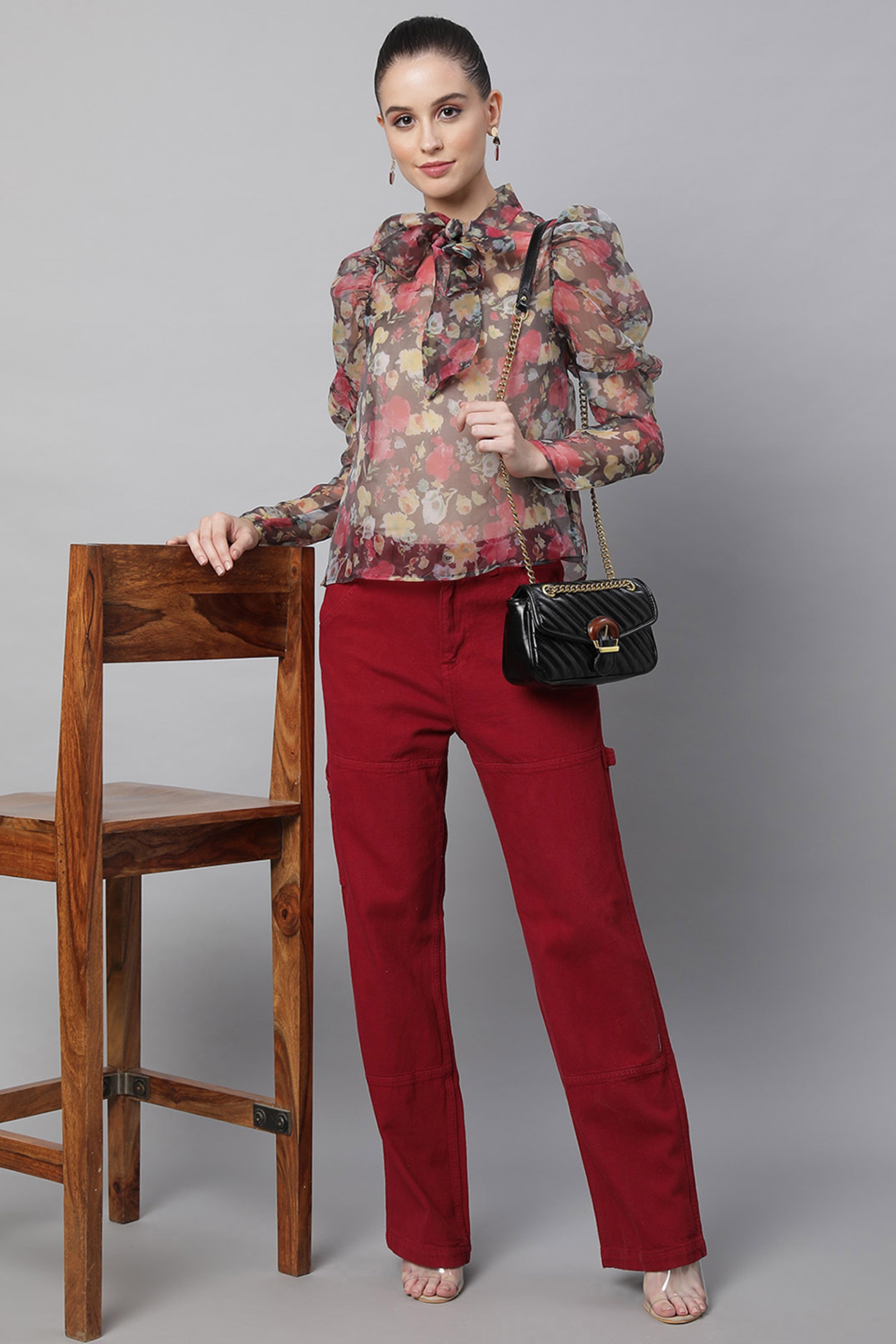 Brown Floral Puffed Sleeves Top