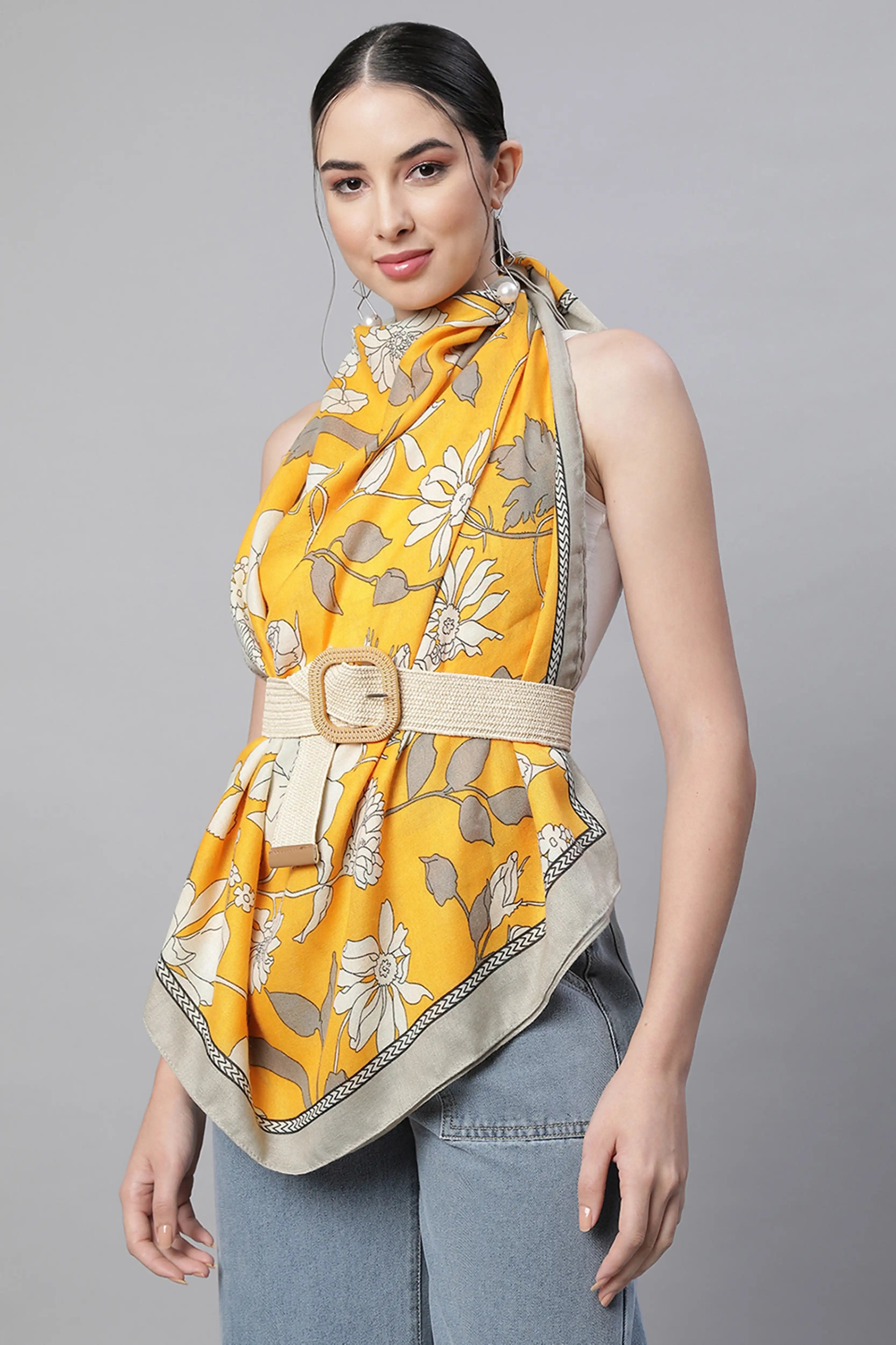 Women Malta Orange Floral Printed Stole