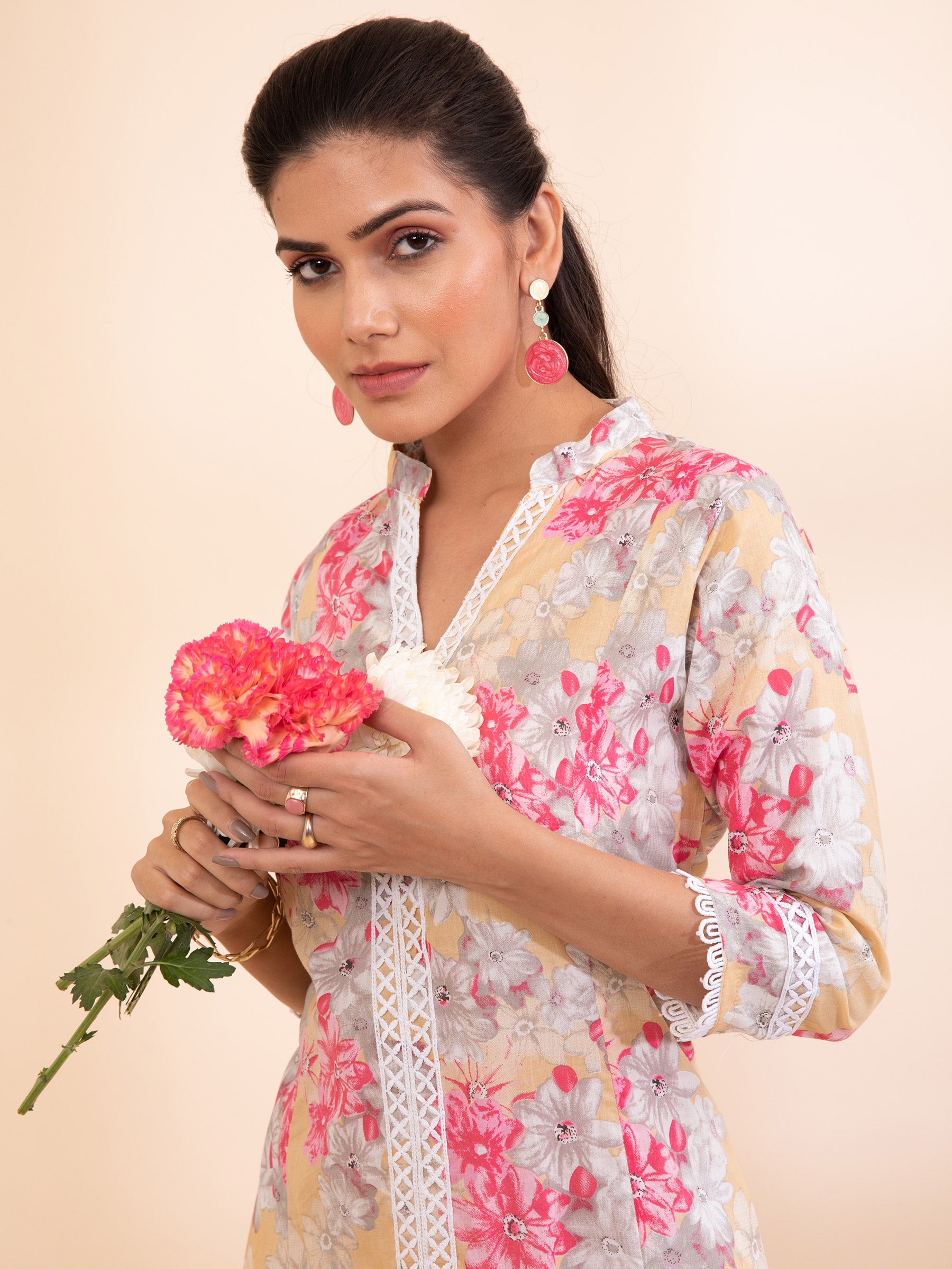 Mustard Floral Rayon Slub Kurta - Global Republic