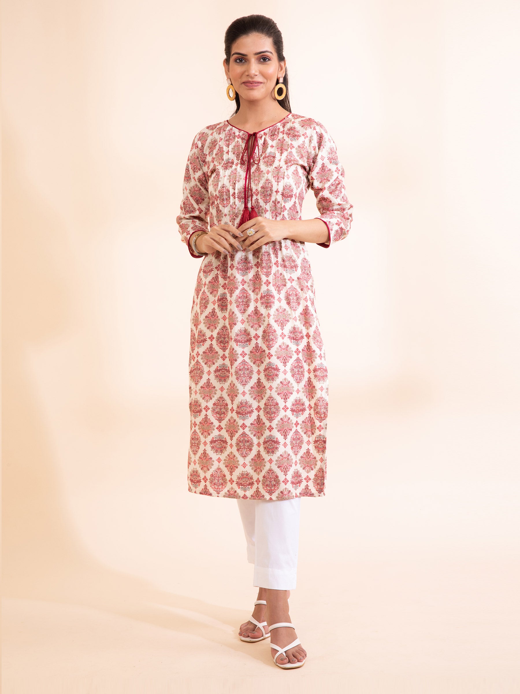 Women Cream Round Neck Printed Kurta - Global Republic