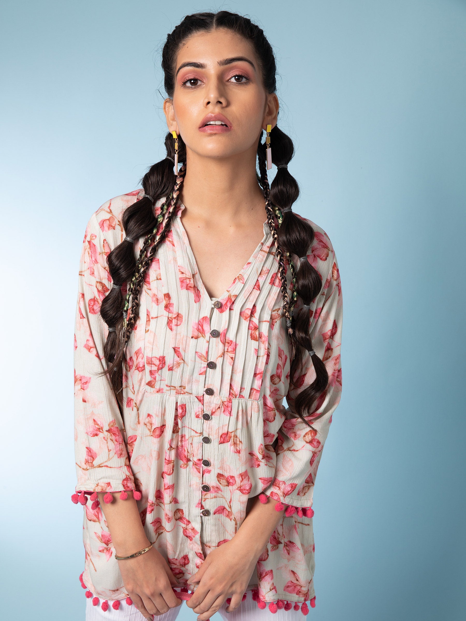 Women Cream V-Neck Printed Tunic - Global Republic