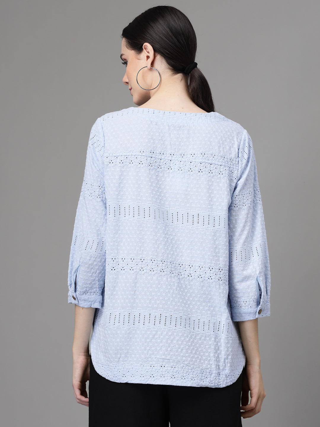 Women Regular-Fit V Neck Schiffli Embroidery Blouson Top - Global Republic