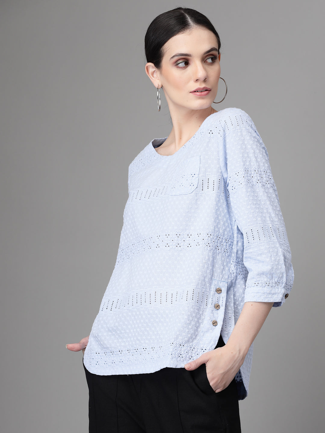Women Regular-Fit V Neck Schiffli Embroidery Blouson Top - Global Republic