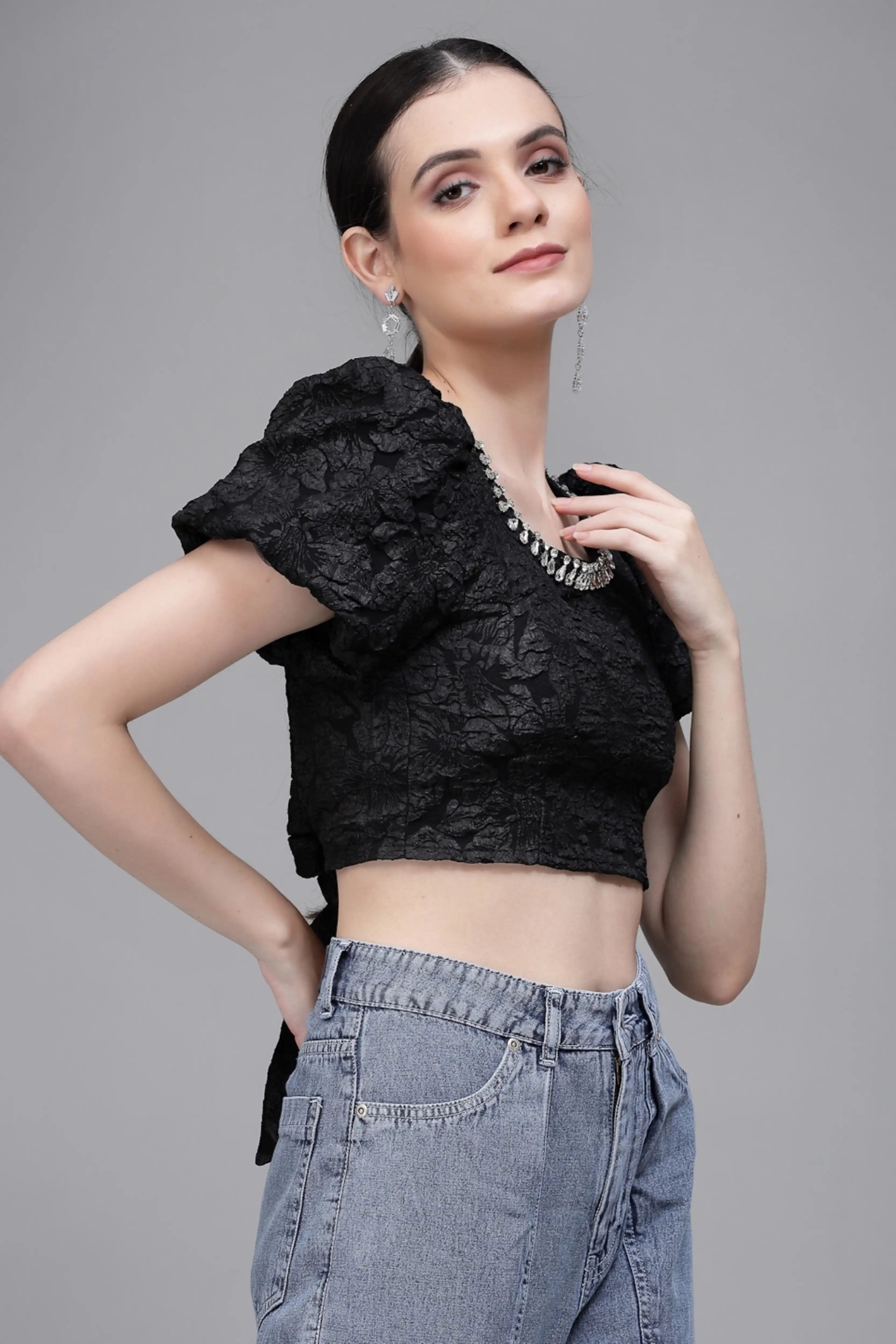 Black Jacquard Embellished Crop Top