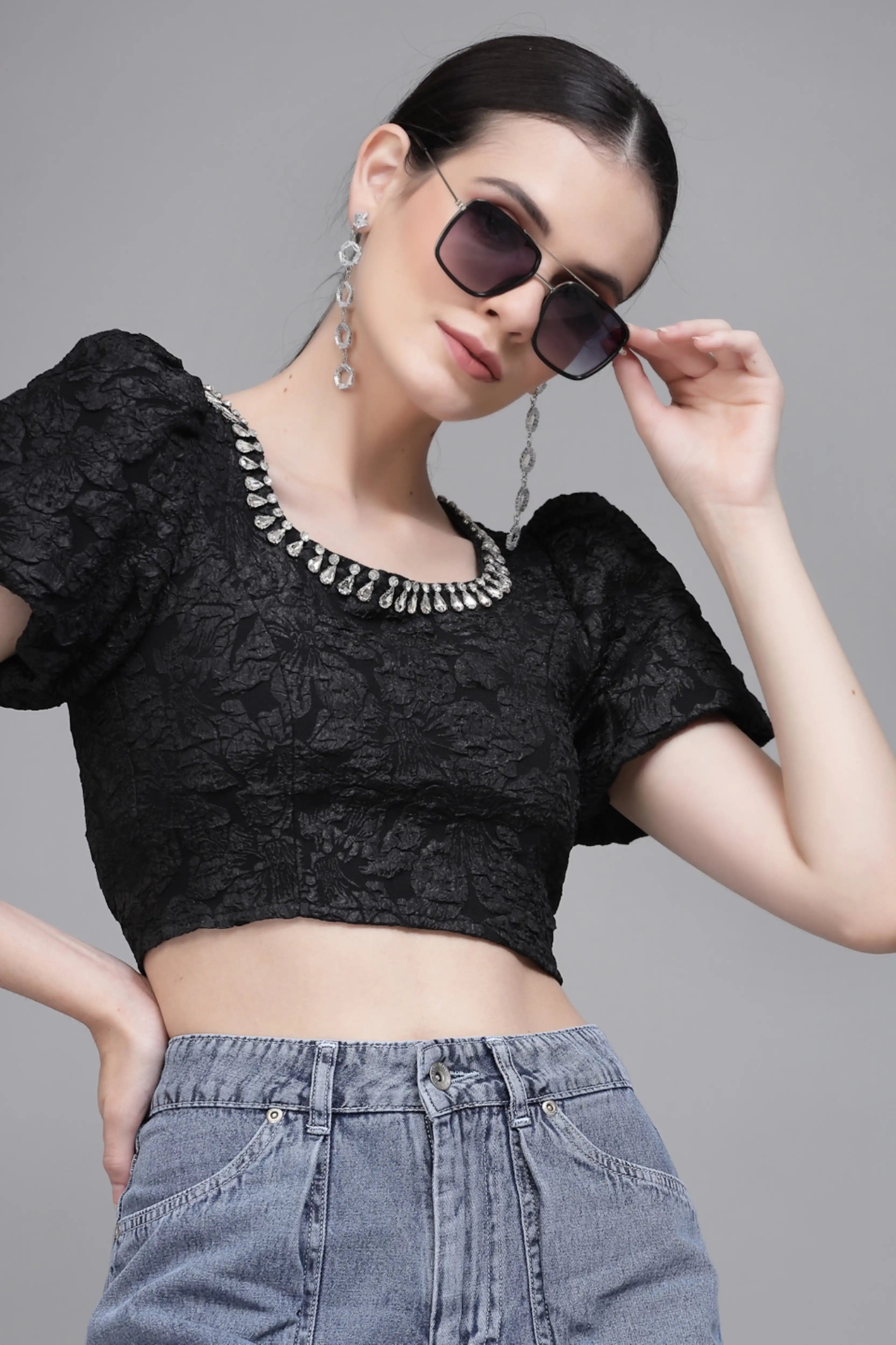 Black Jacquard Embellished Crop Top