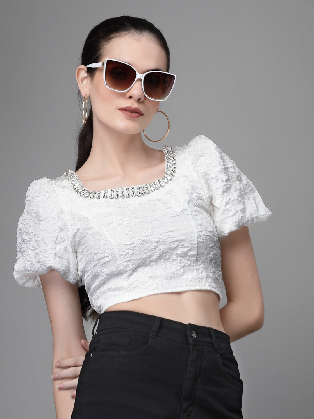 Black Jacquard Embellished Crop Top - Global Republic