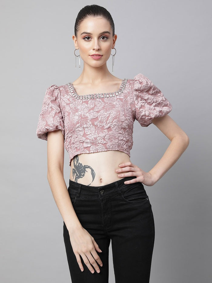 Black Jacquard Embellished Crop Top - Global Republic