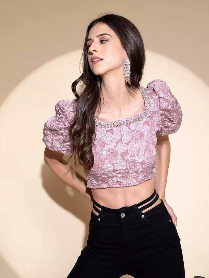 Black Jacquard Embellished Crop Top - Global Republic