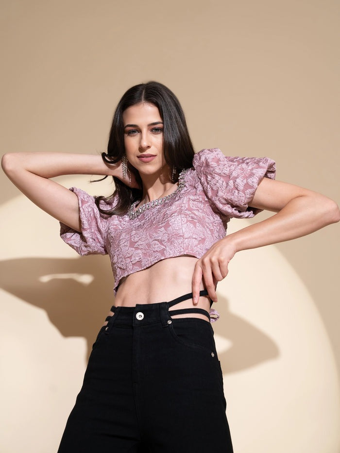 Black Jacquard Embellished Crop Top - Global Republic
