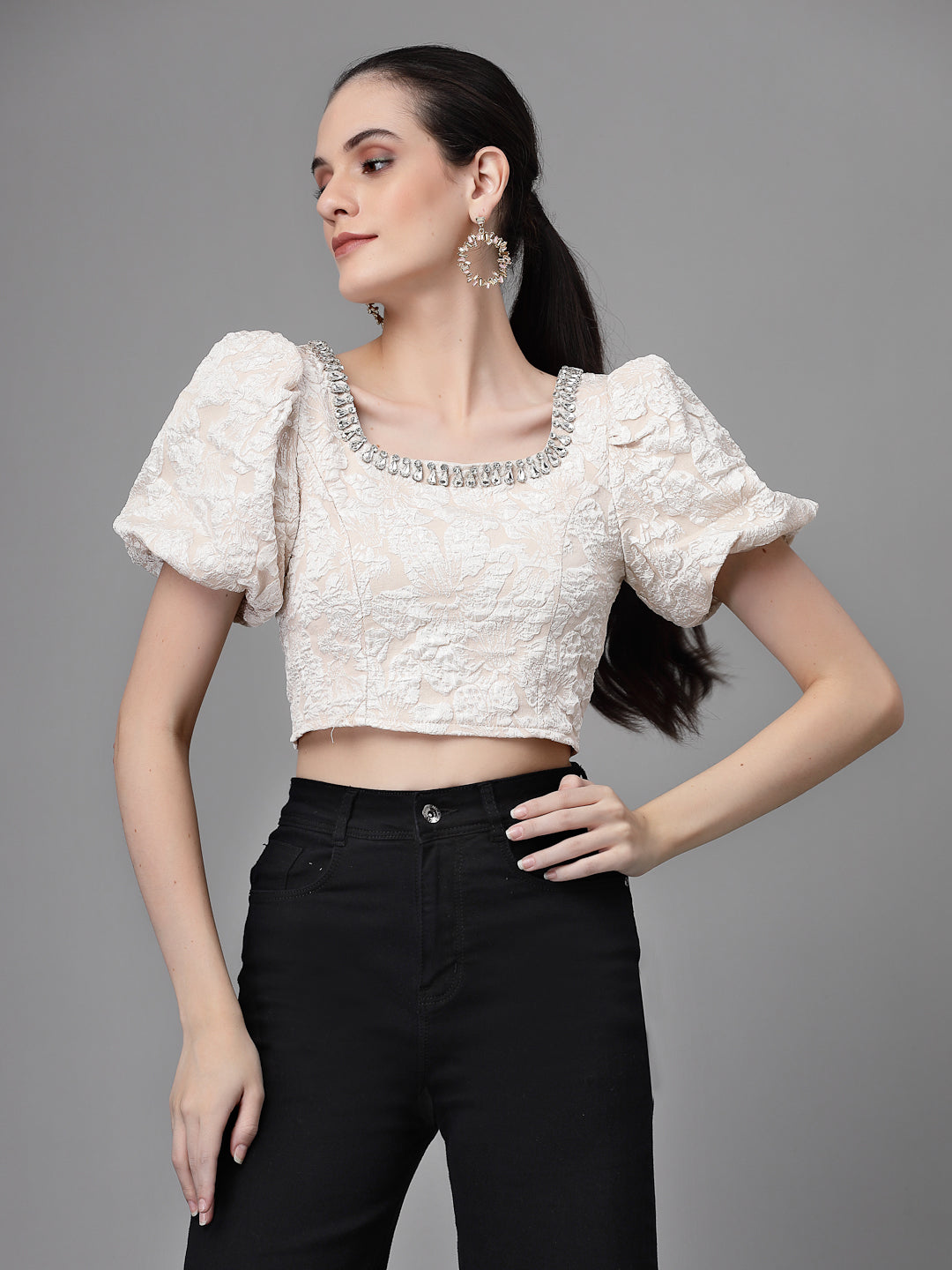 Black Jacquard Embellished Crop Top - Global Republic
