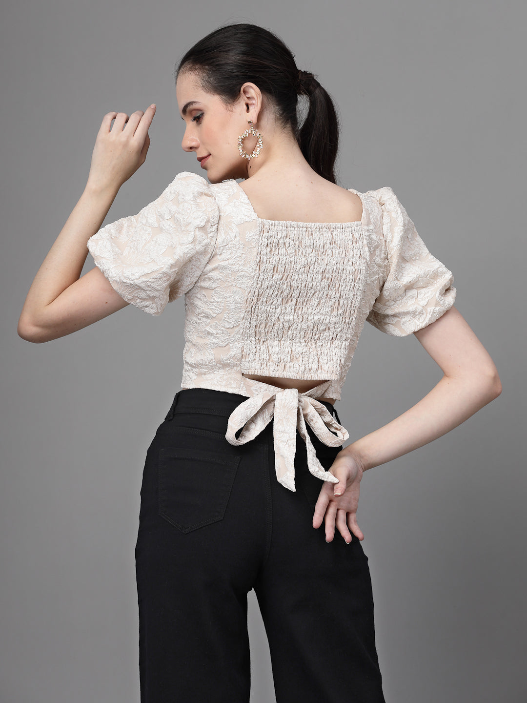 Black Jacquard Embellished Crop Top - Global Republic