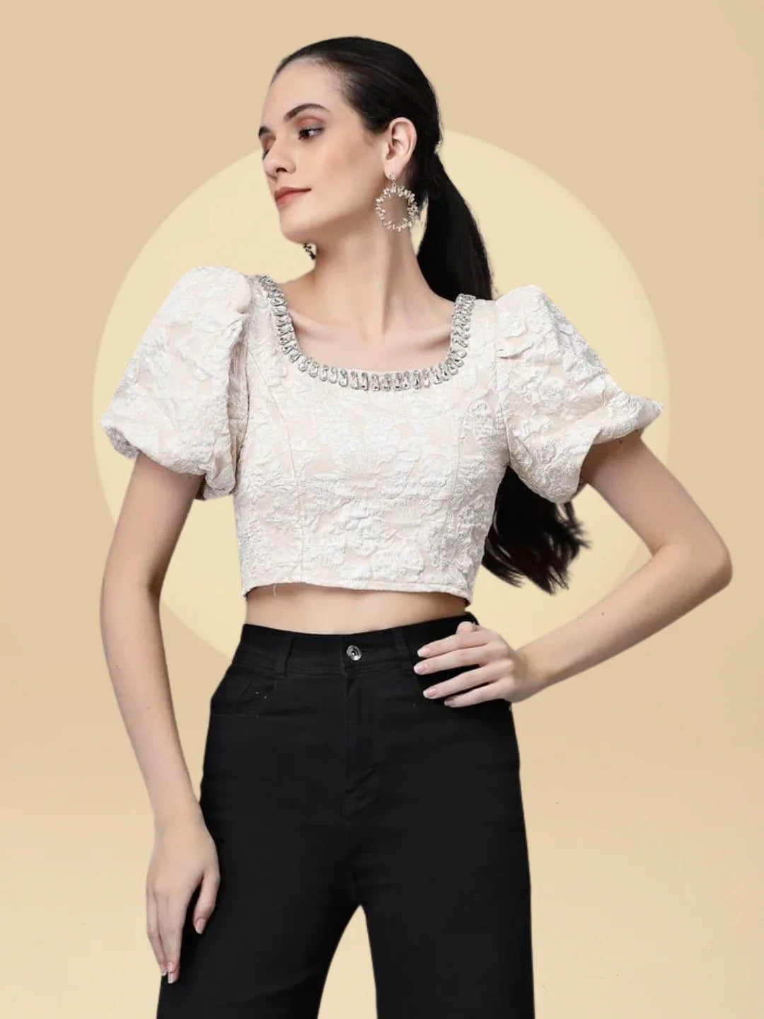 Black Jacquard Embellished Crop Top - Global Republic