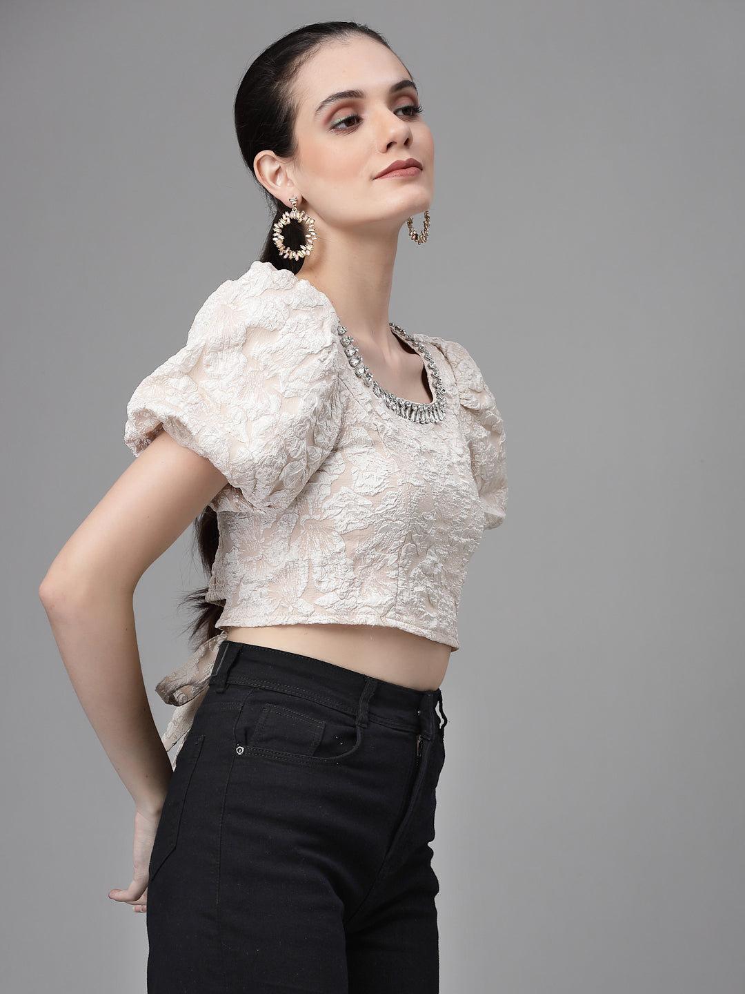 Black Jacquard Embellished Crop Top - Global Republic