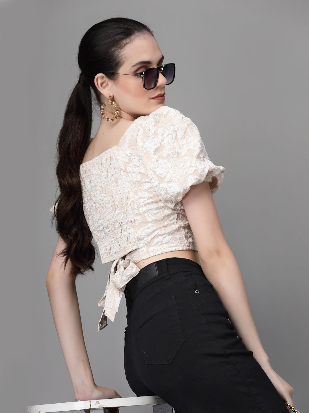 Black Jacquard Embellished Crop Top - Global Republic