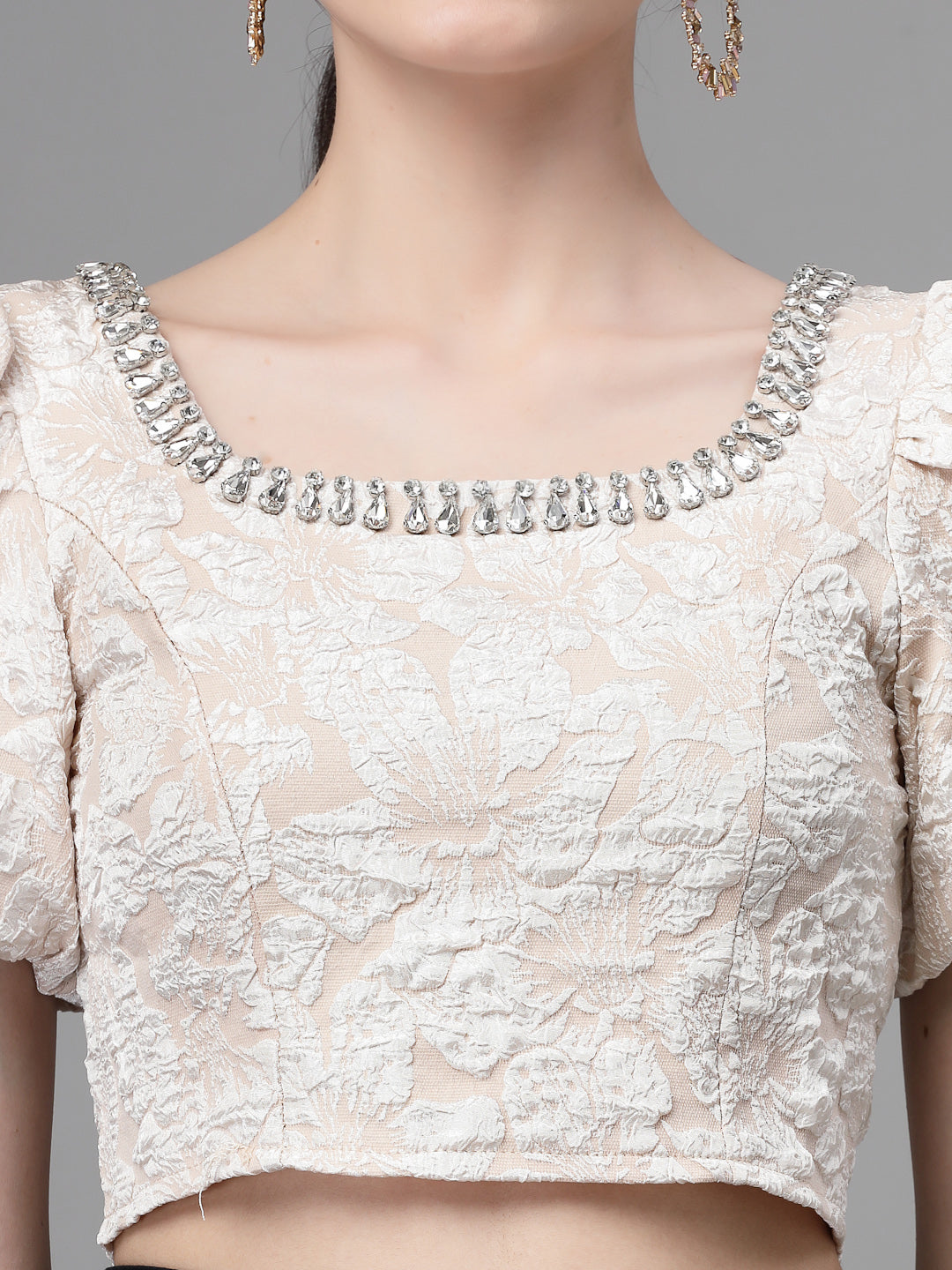 Black Jacquard Embellished Crop Top - Global Republic