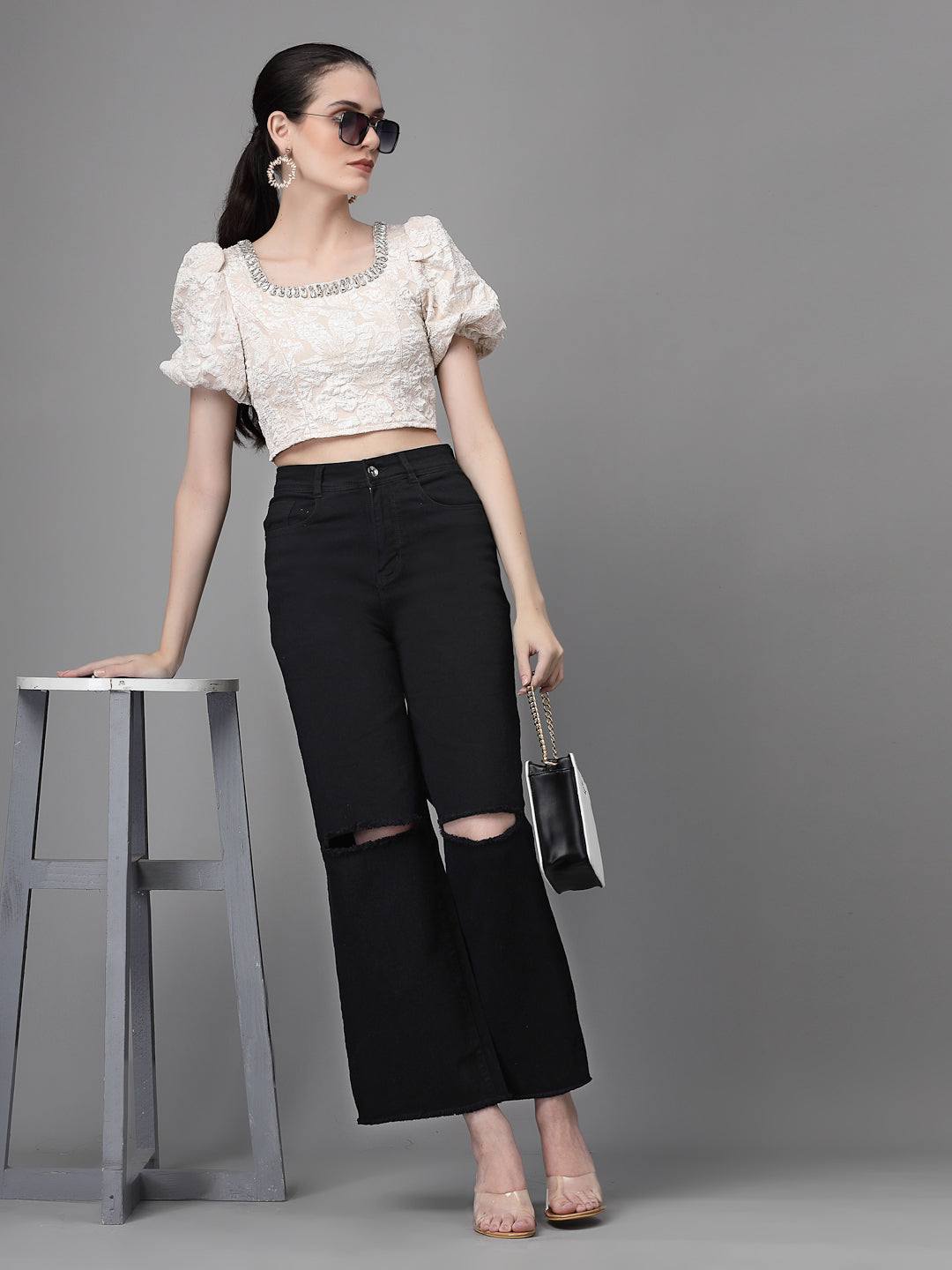 Black Jacquard Embellished Crop Top - Global Republic