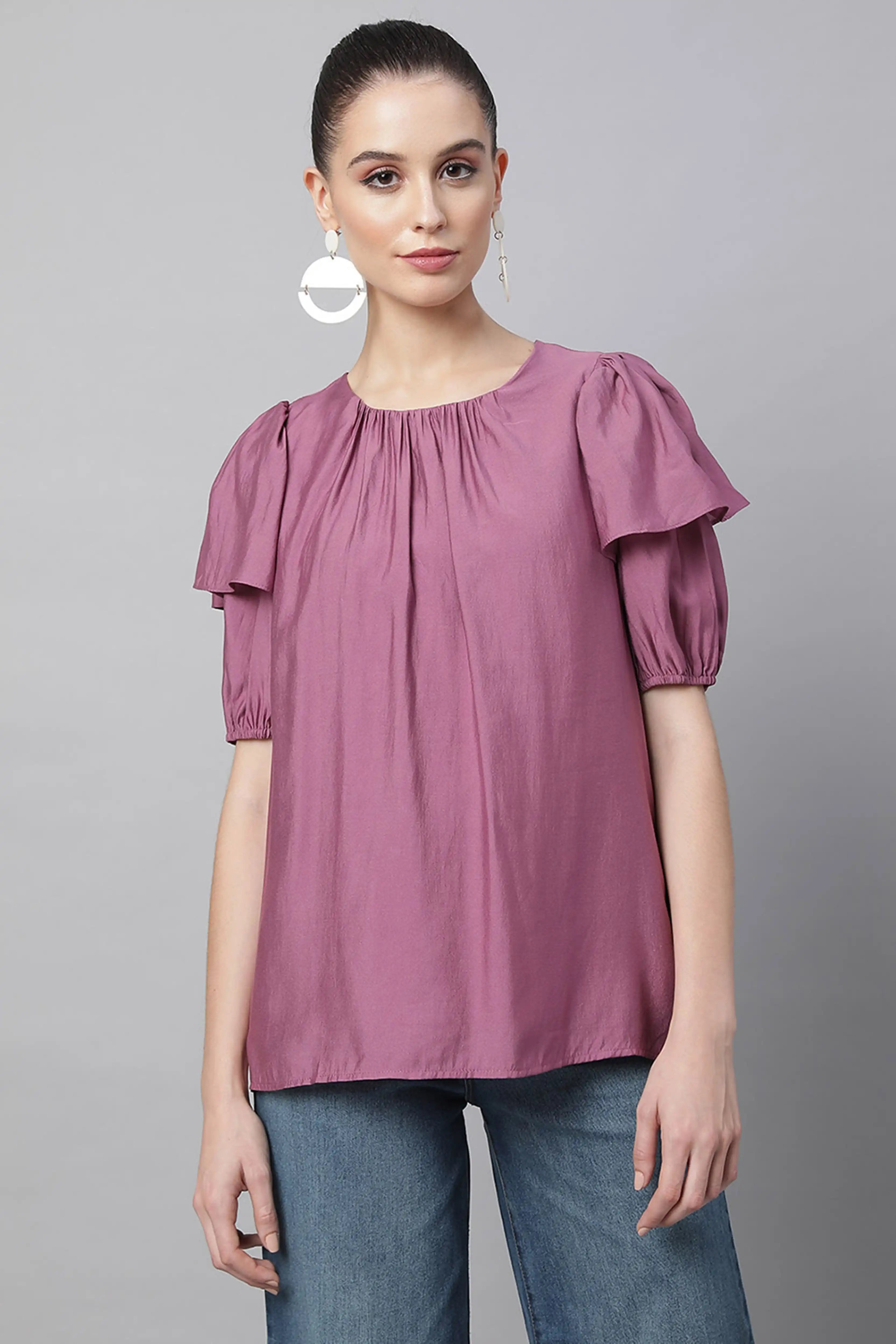 Flared Half Sleeves Rayon Blouson Top