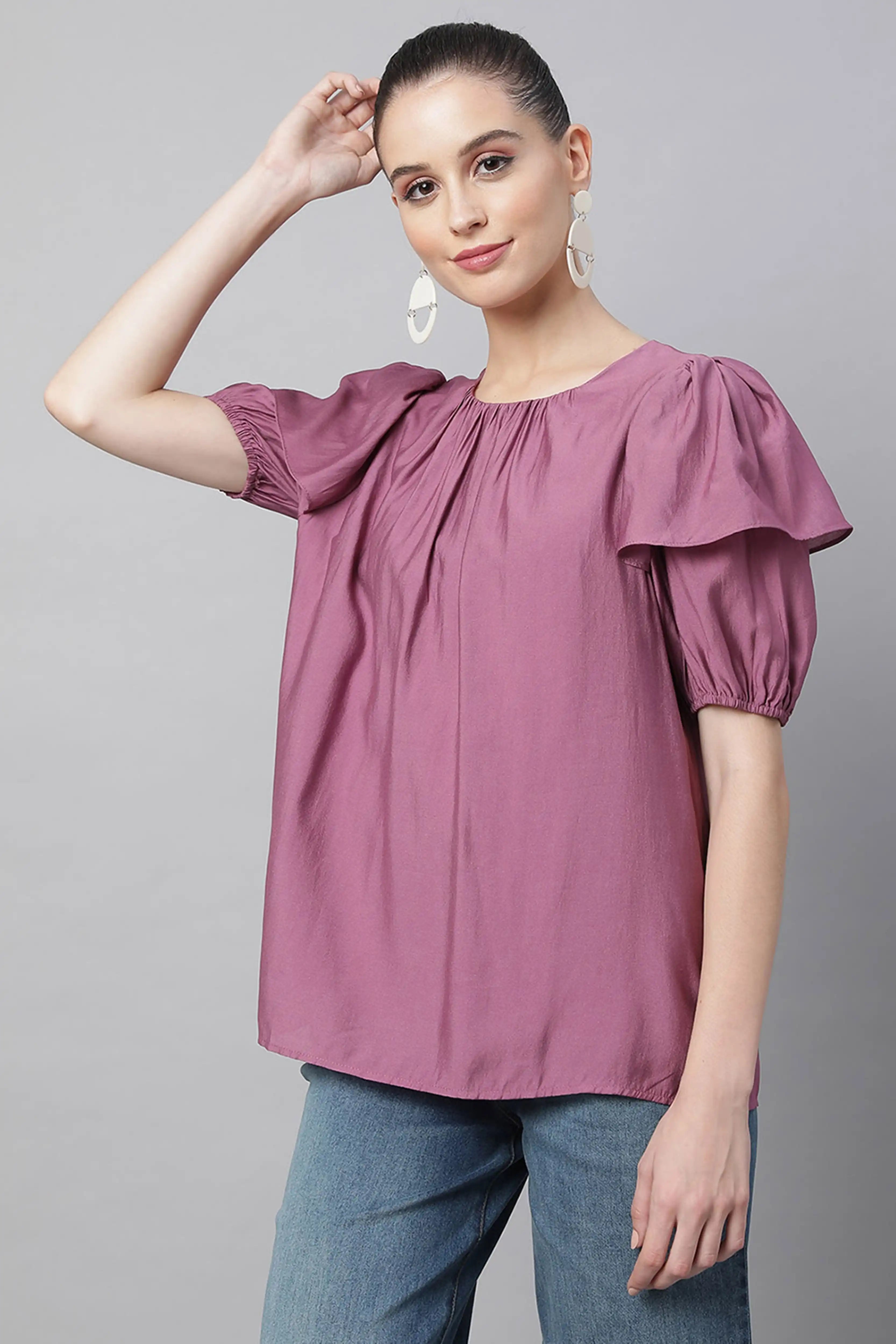 Flared Half Sleeves Rayon Blouson Top