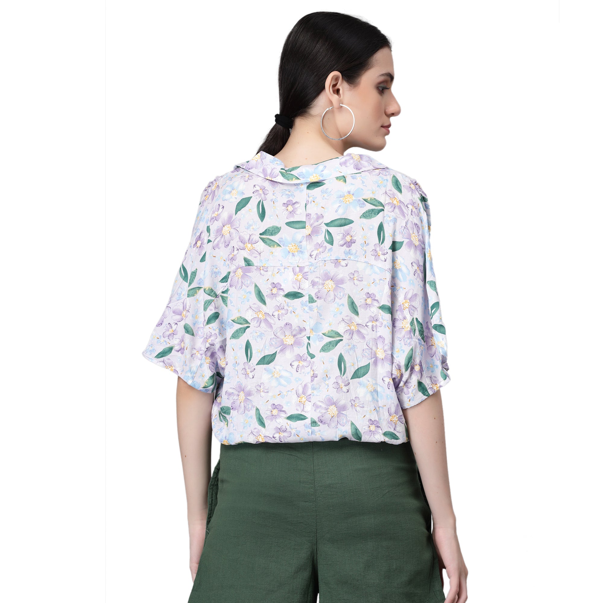 Collar Neck Printed Blouson Top - Global Republic