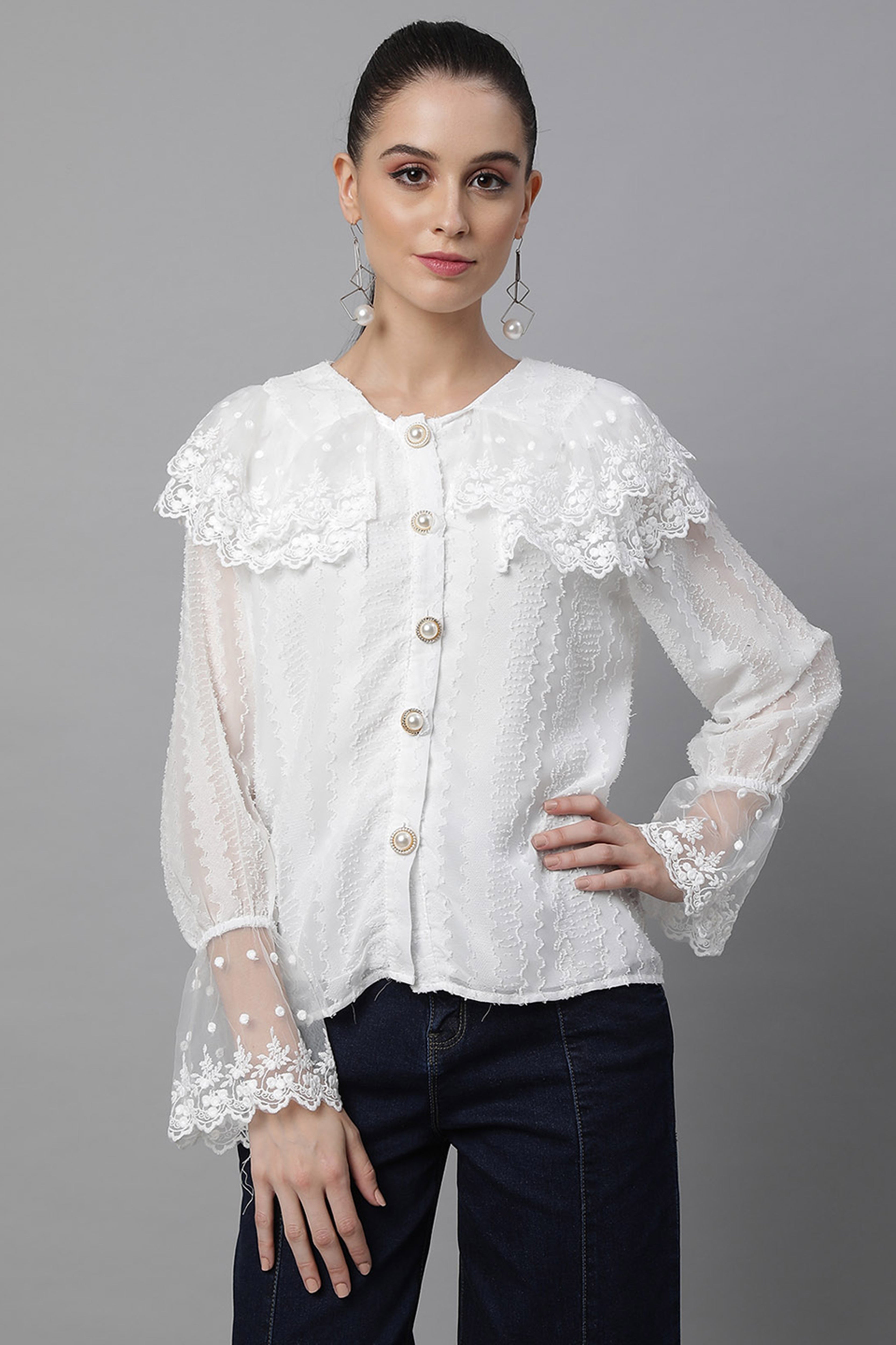 Loose Fit White Embroidered Lace Shirt