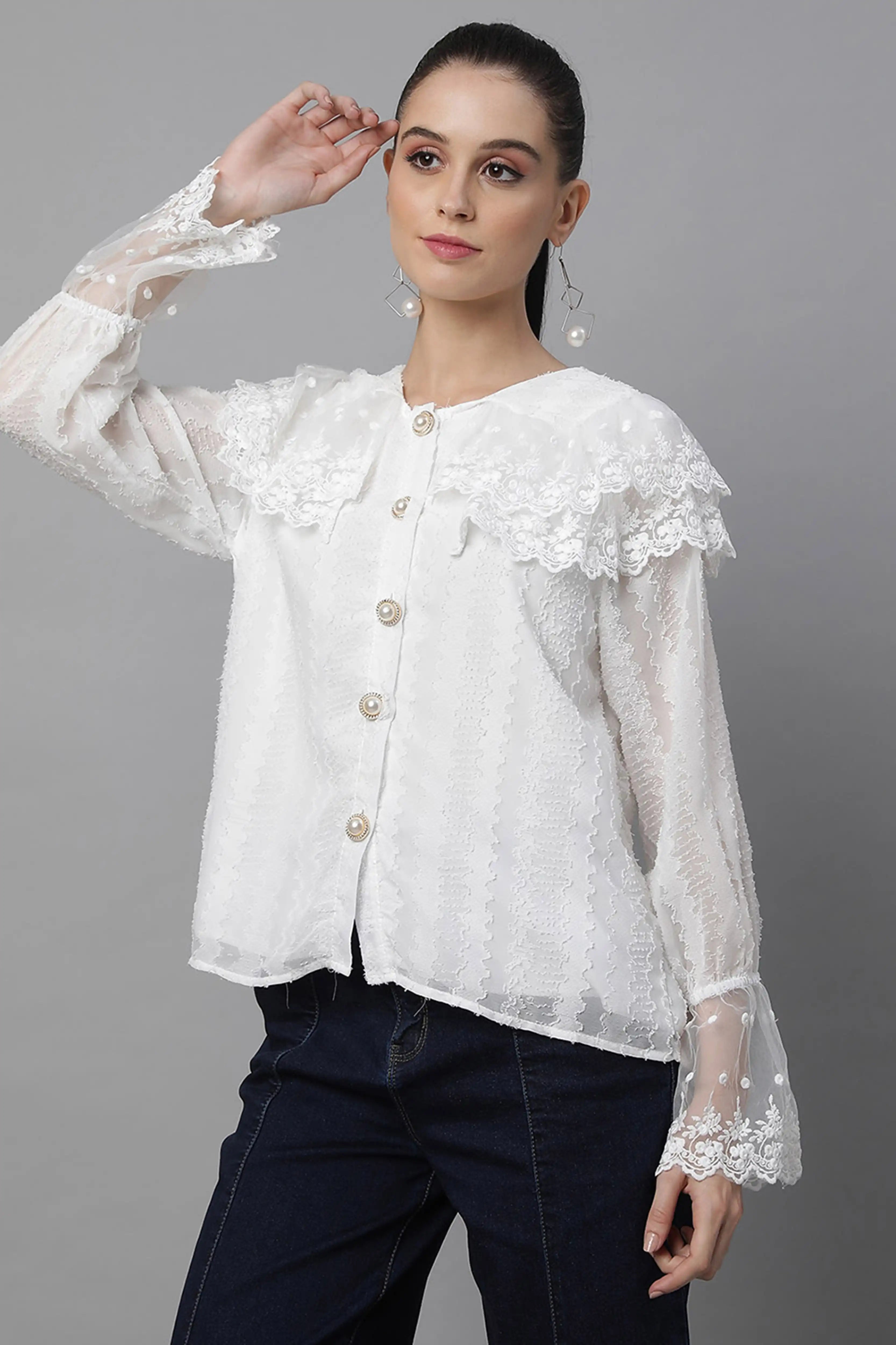 Loose Fit White Embroidered Lace Shirt